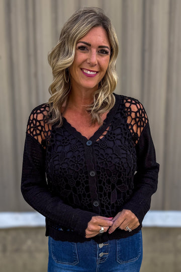 Black Floral Open Crochet Cardigan