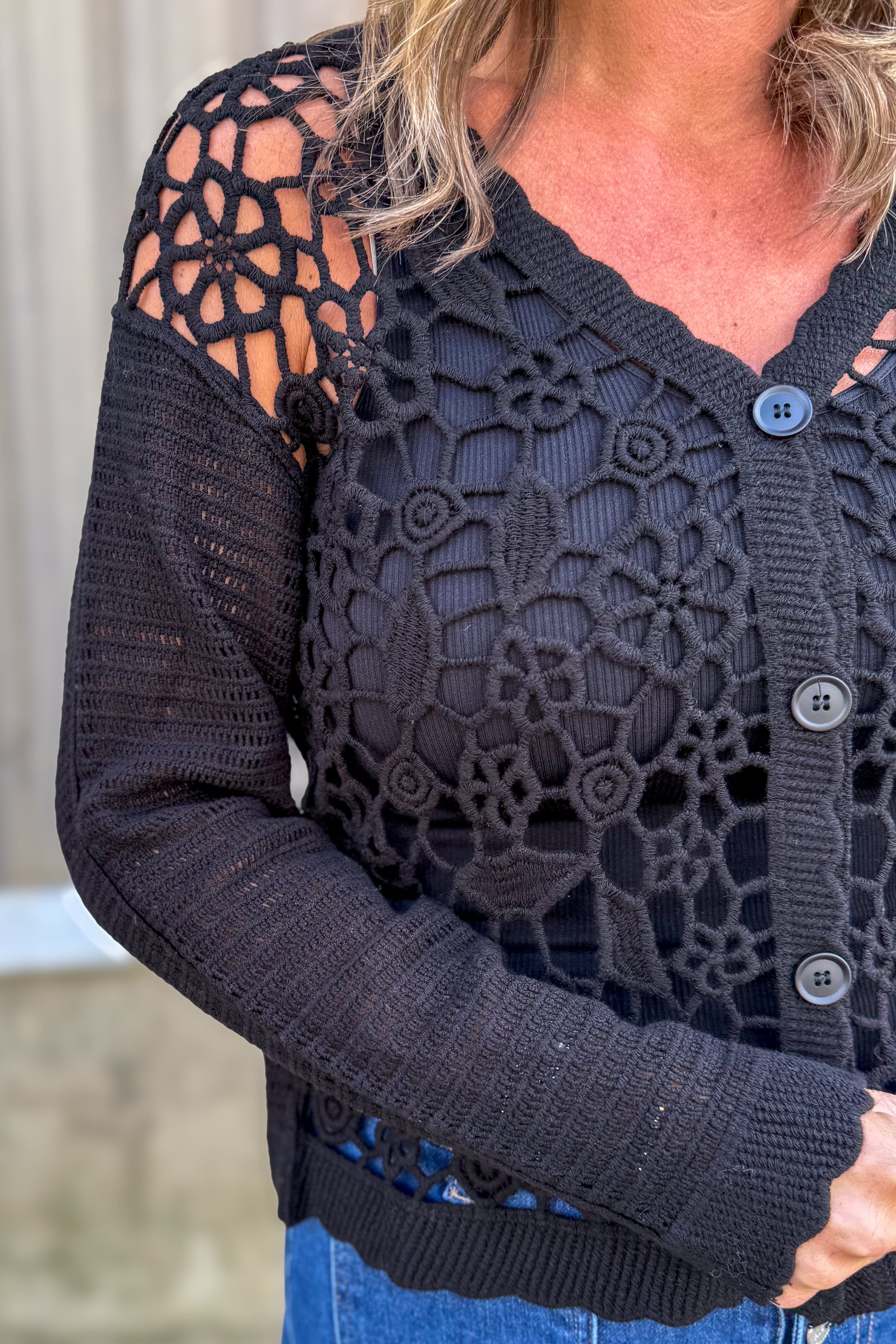 Black Floral Open Crochet Cardigan