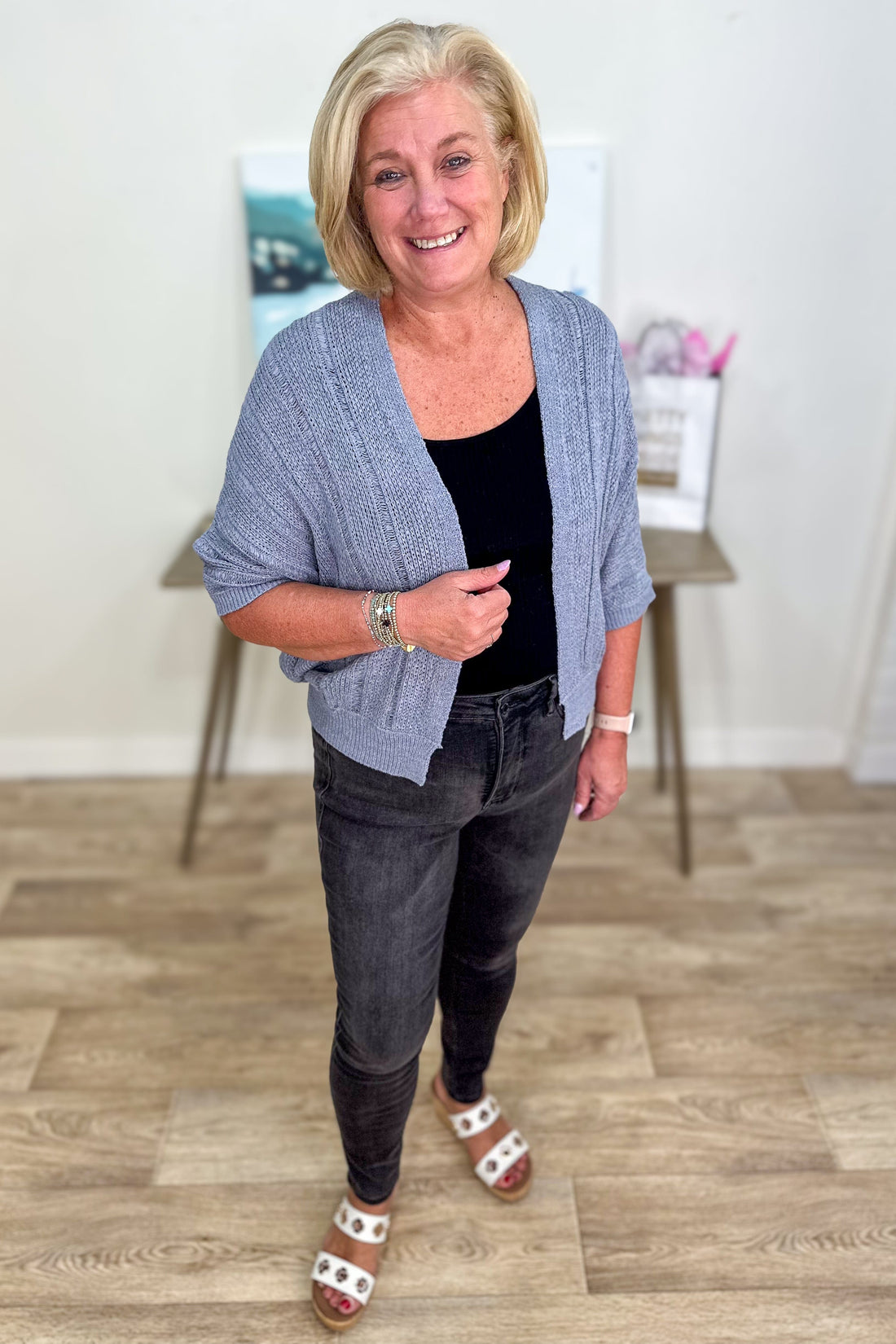 Slate Blue Pointelle 3/4 Sleeve Kimono Cardigan