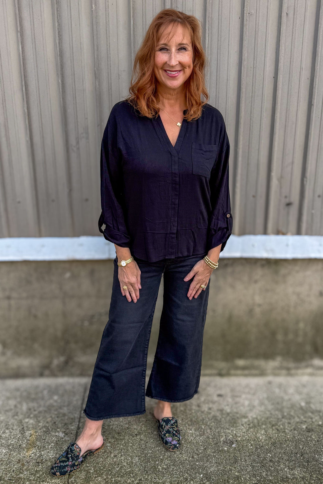 Black Split Neck Button Back Detail Top