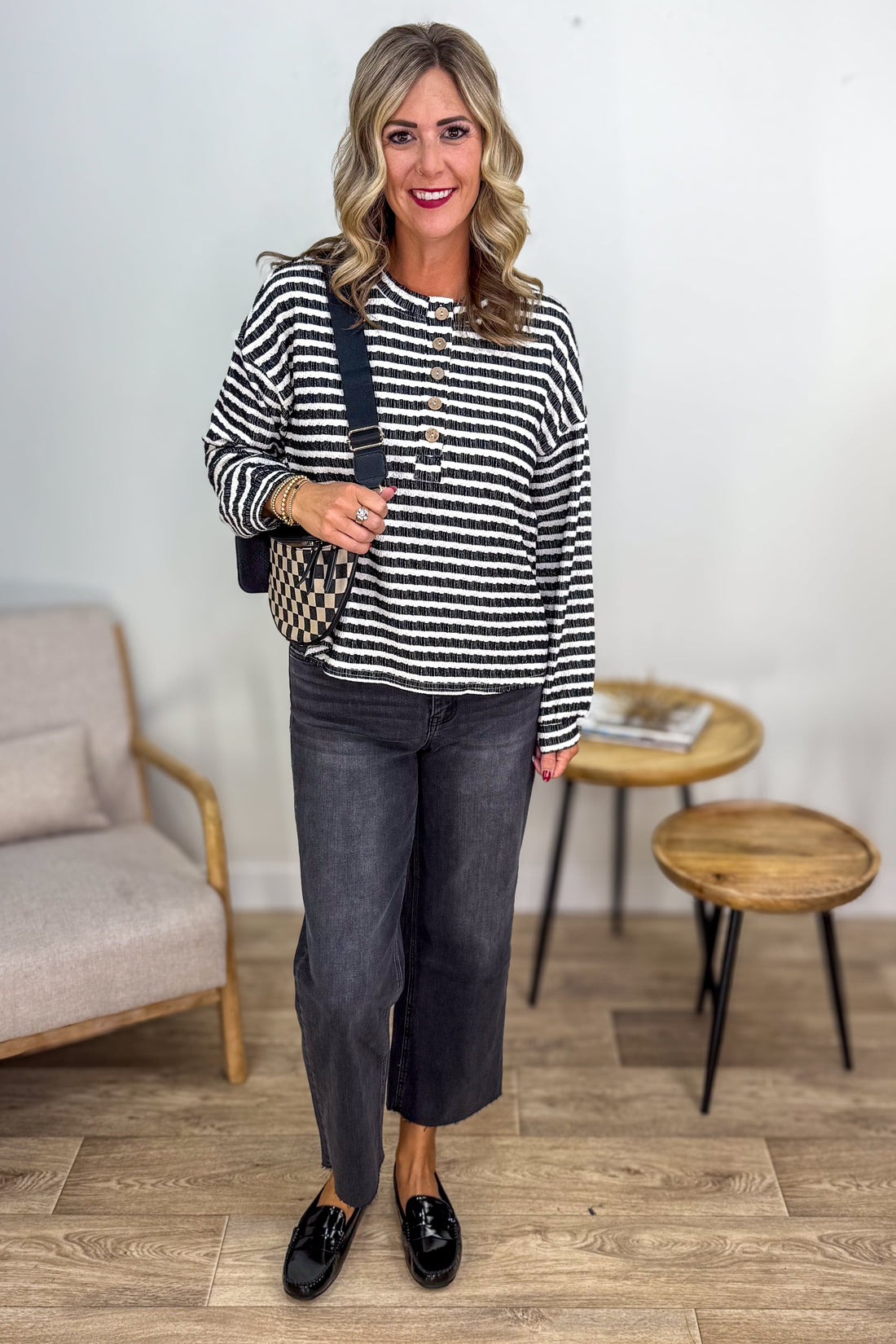 Black Stripe Textured Long Sleeve Top
