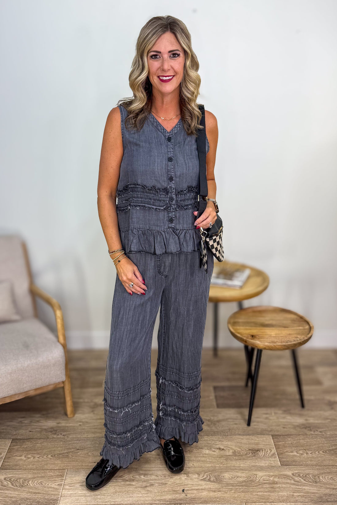 Black Chambray Tiered Ruffle Vest