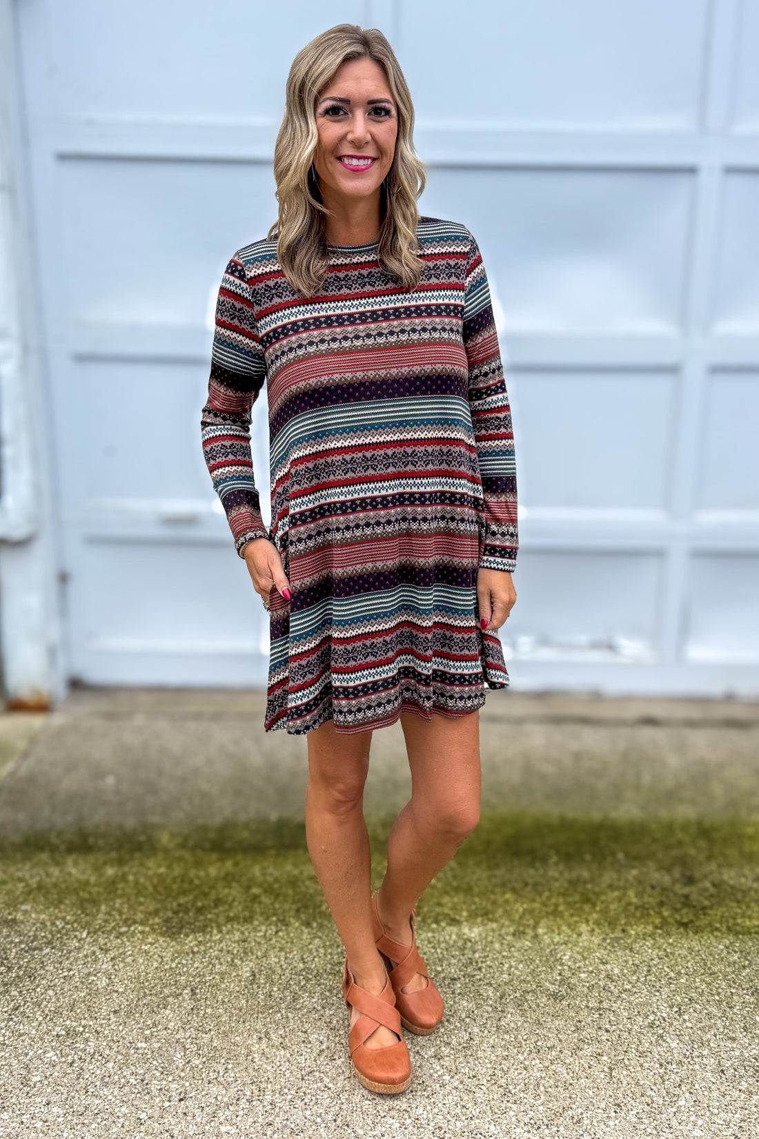 Taupe & Rust Fairisle Stripe A-Line Sweater Dress
