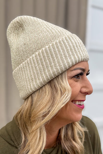 Beige Metallic Ribbed Beanie