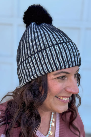 Black Ribbed Pom Beanie with Fur Lining