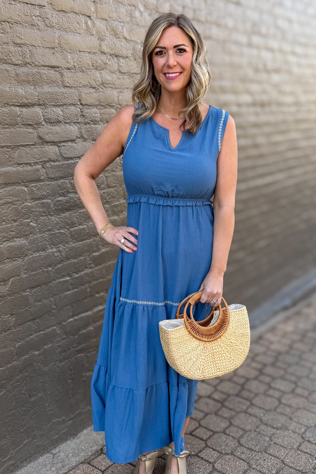 Dusty Blue Tiered Embroidered Dress