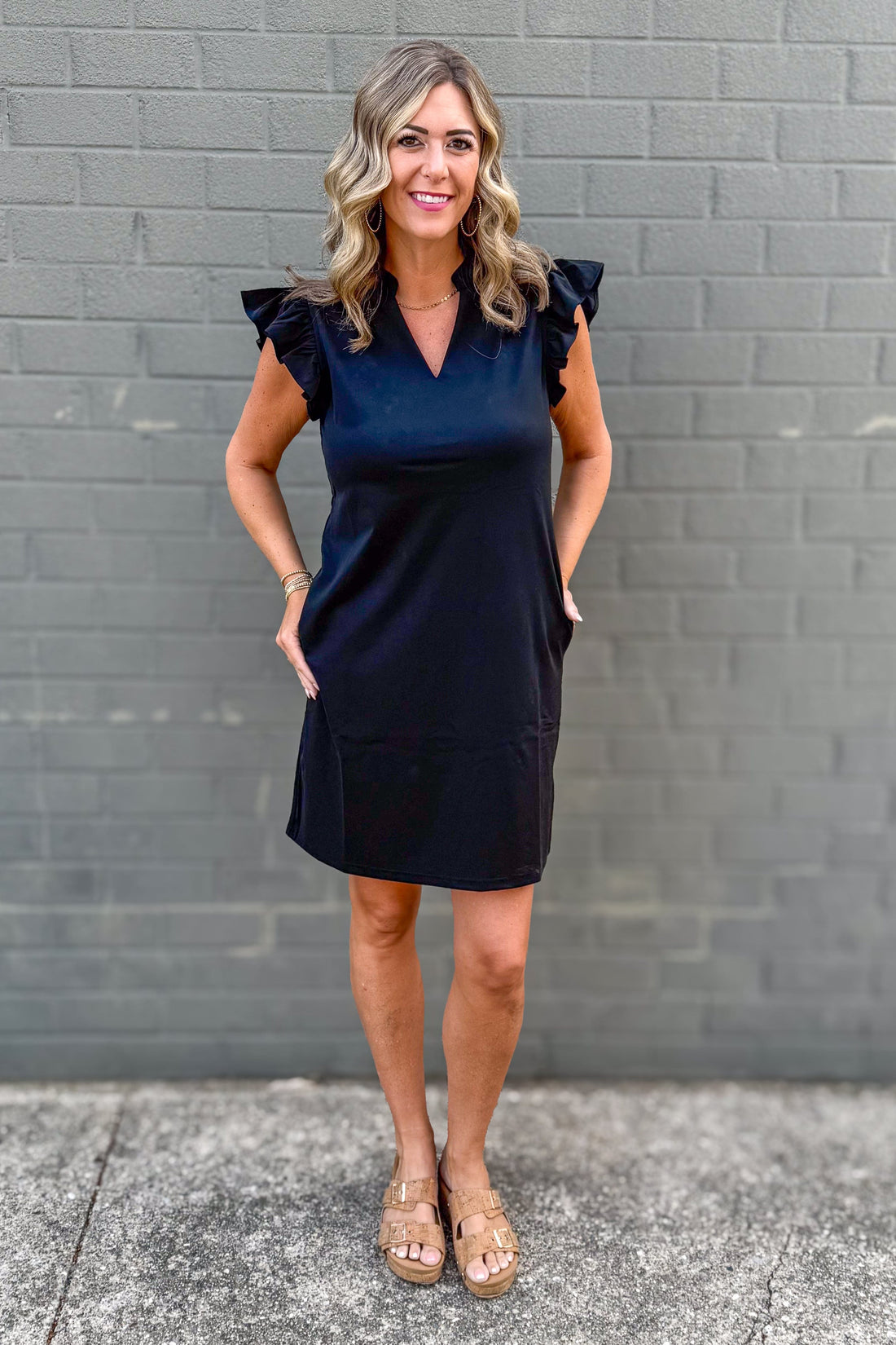 Black Ruffle Cap Sleeve Dress