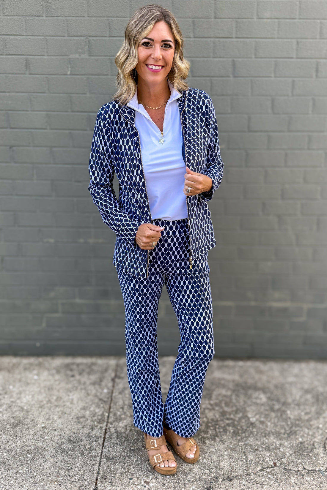 Navy & White Hexagon Penelope Full-Zip Jacket