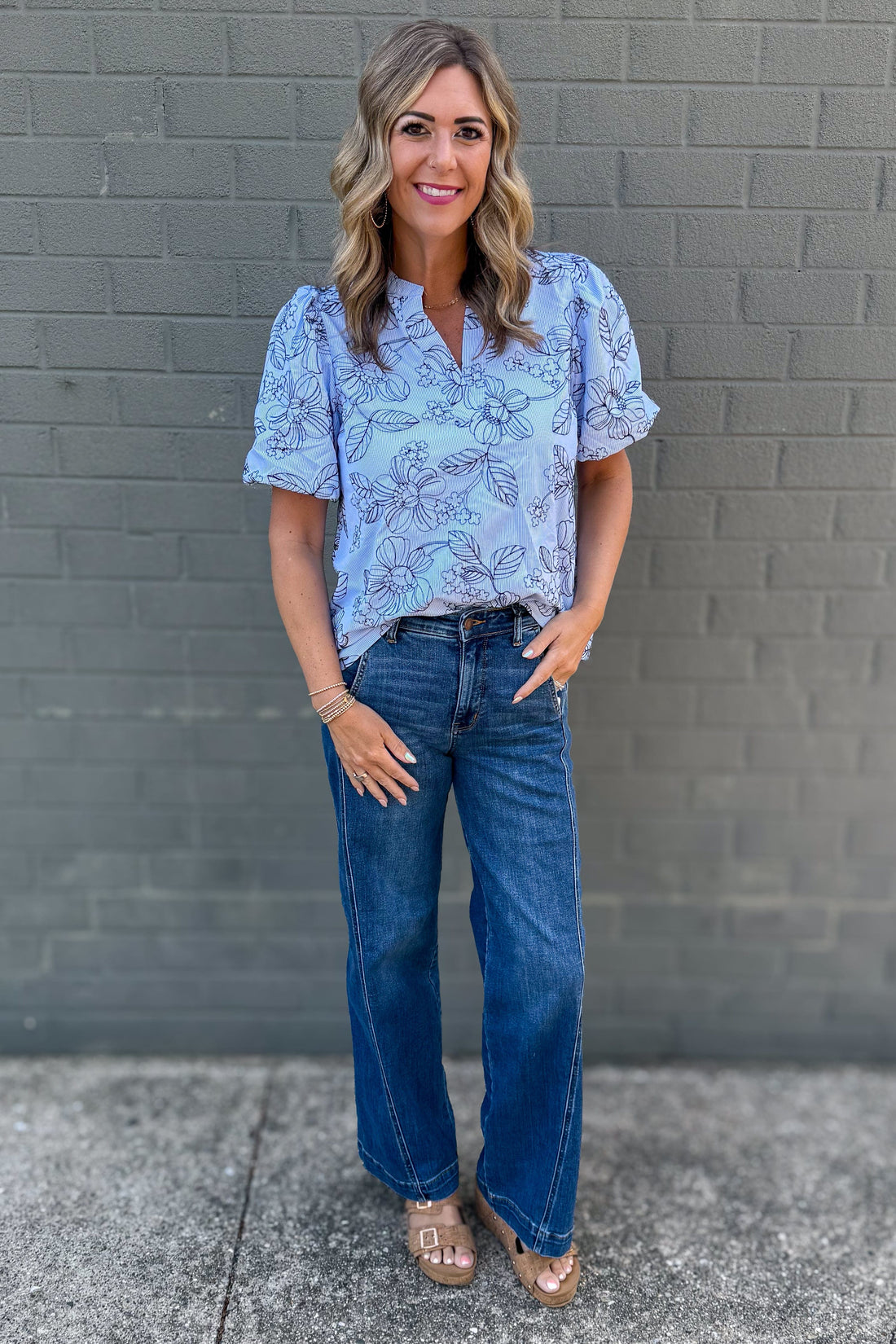 Blue Stripe & Embroidered Detail Puff Sleeve Top