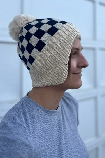 Ivory Checkerboard Pom Beanie with Ear Flap