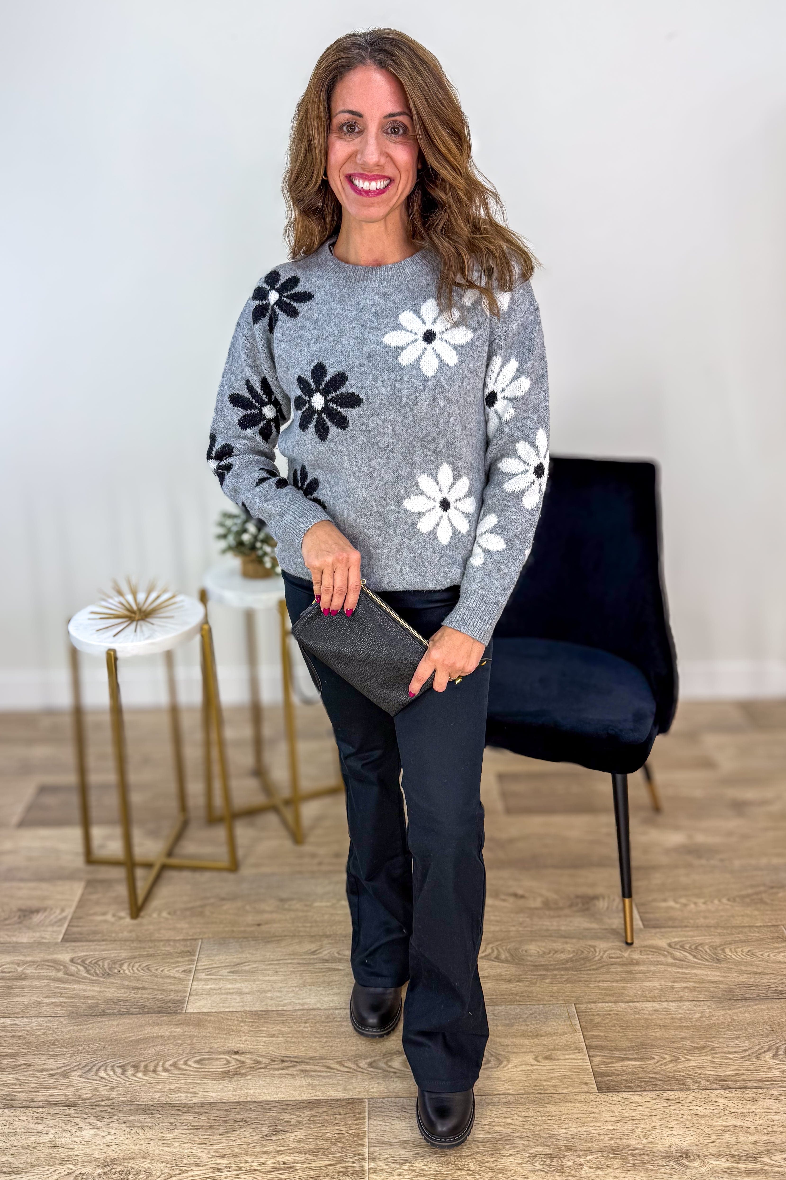 Grey Daisy Intarsia Knit Sweater