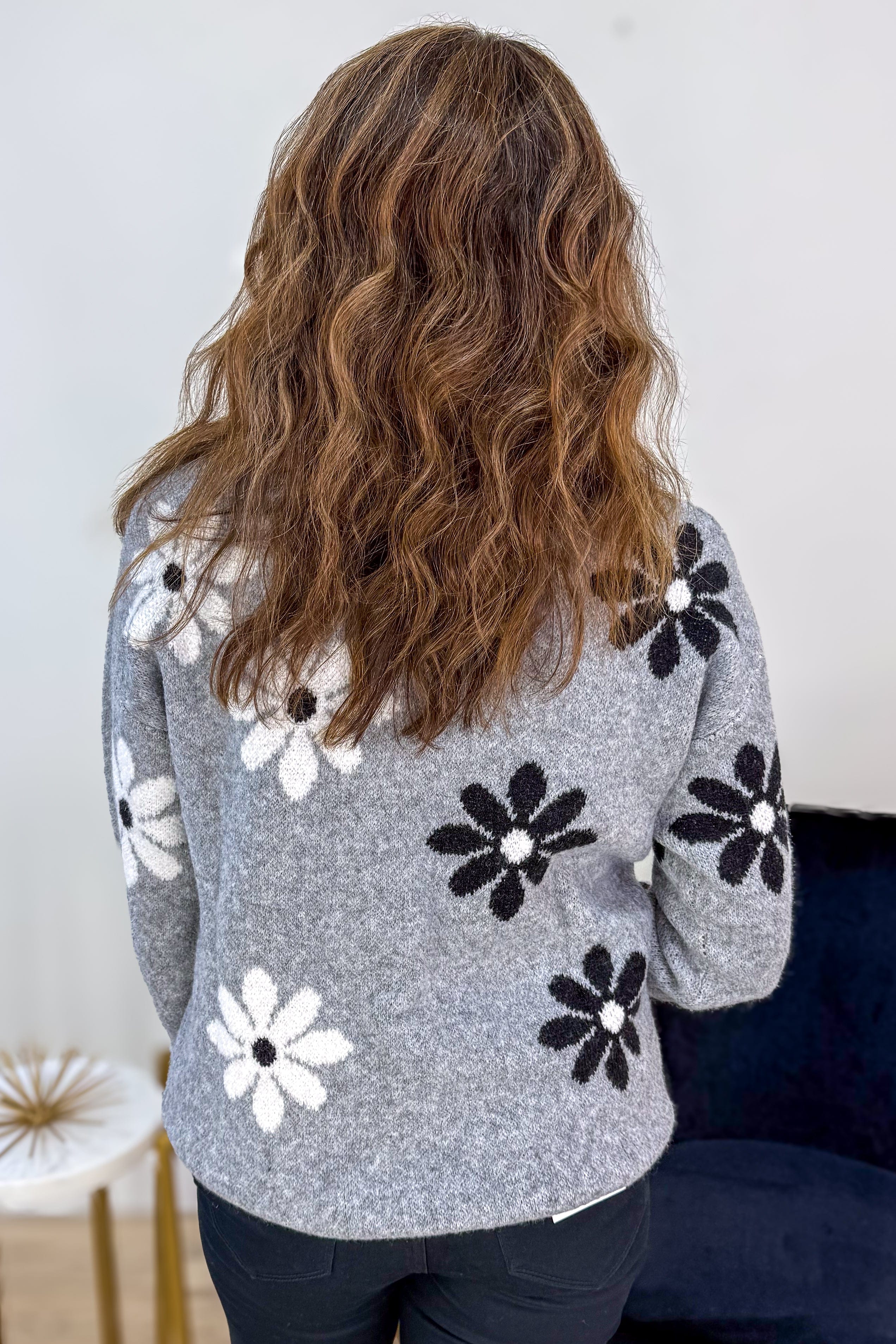 Grey Daisy Intarsia Knit Sweater