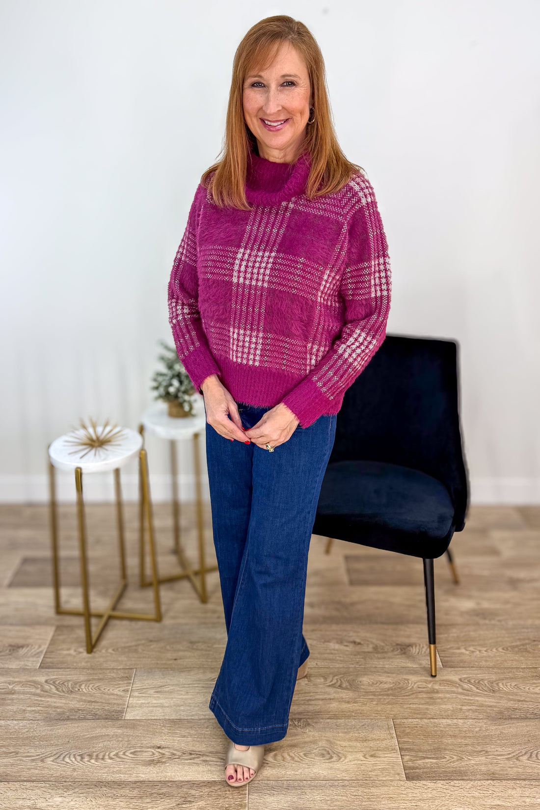 Winter Berry Checker Print Turtleneck Sweater