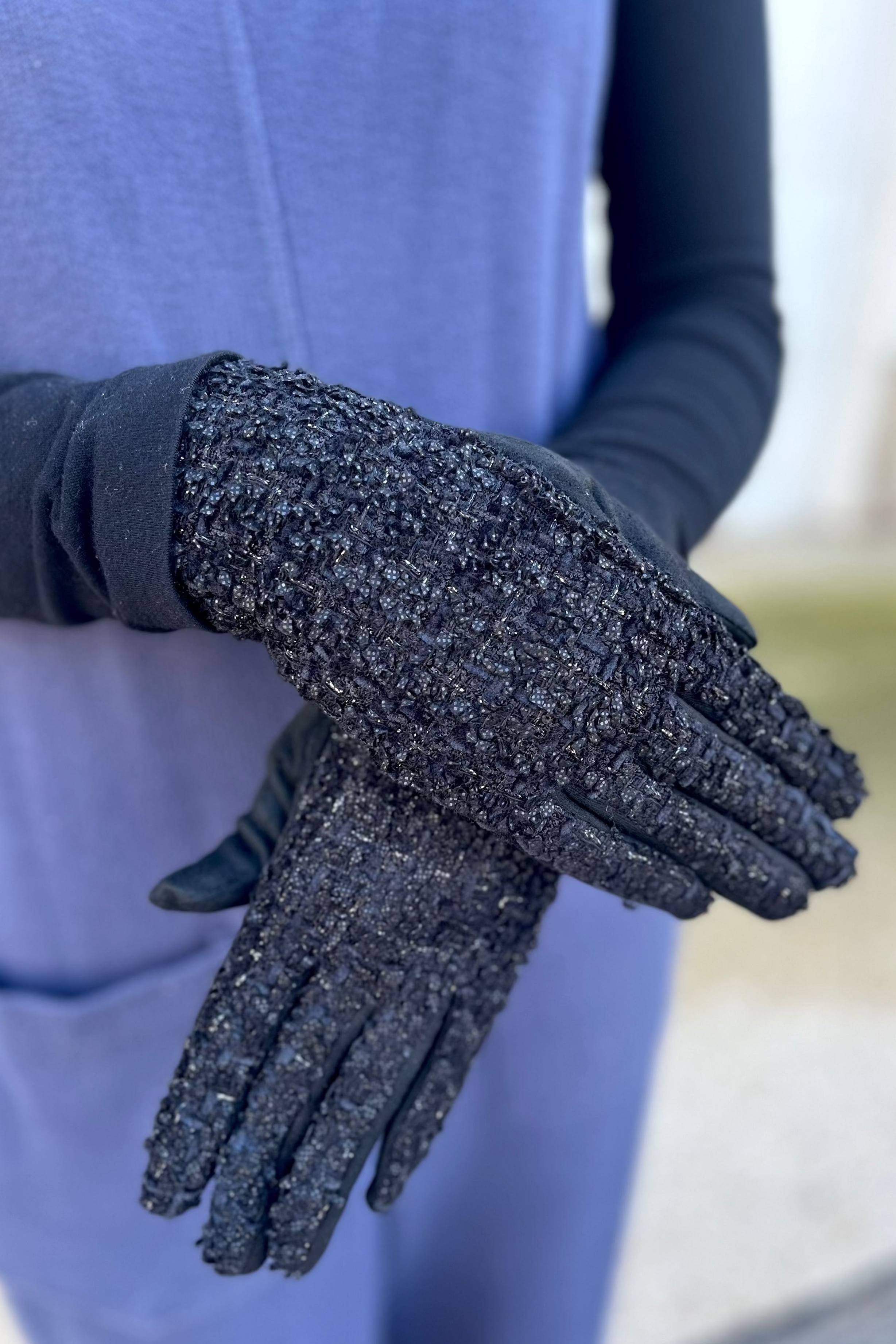Black Shimmering Tweed Faux Suede Gloves