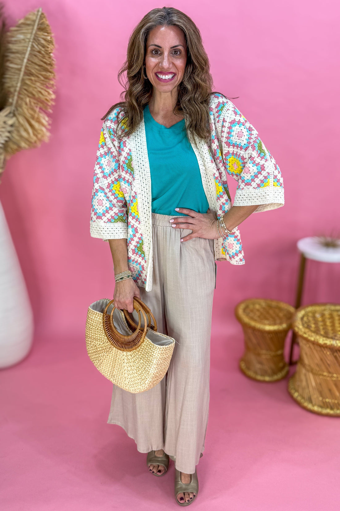 Beige Woven Elastic Band Wide Leg Pant