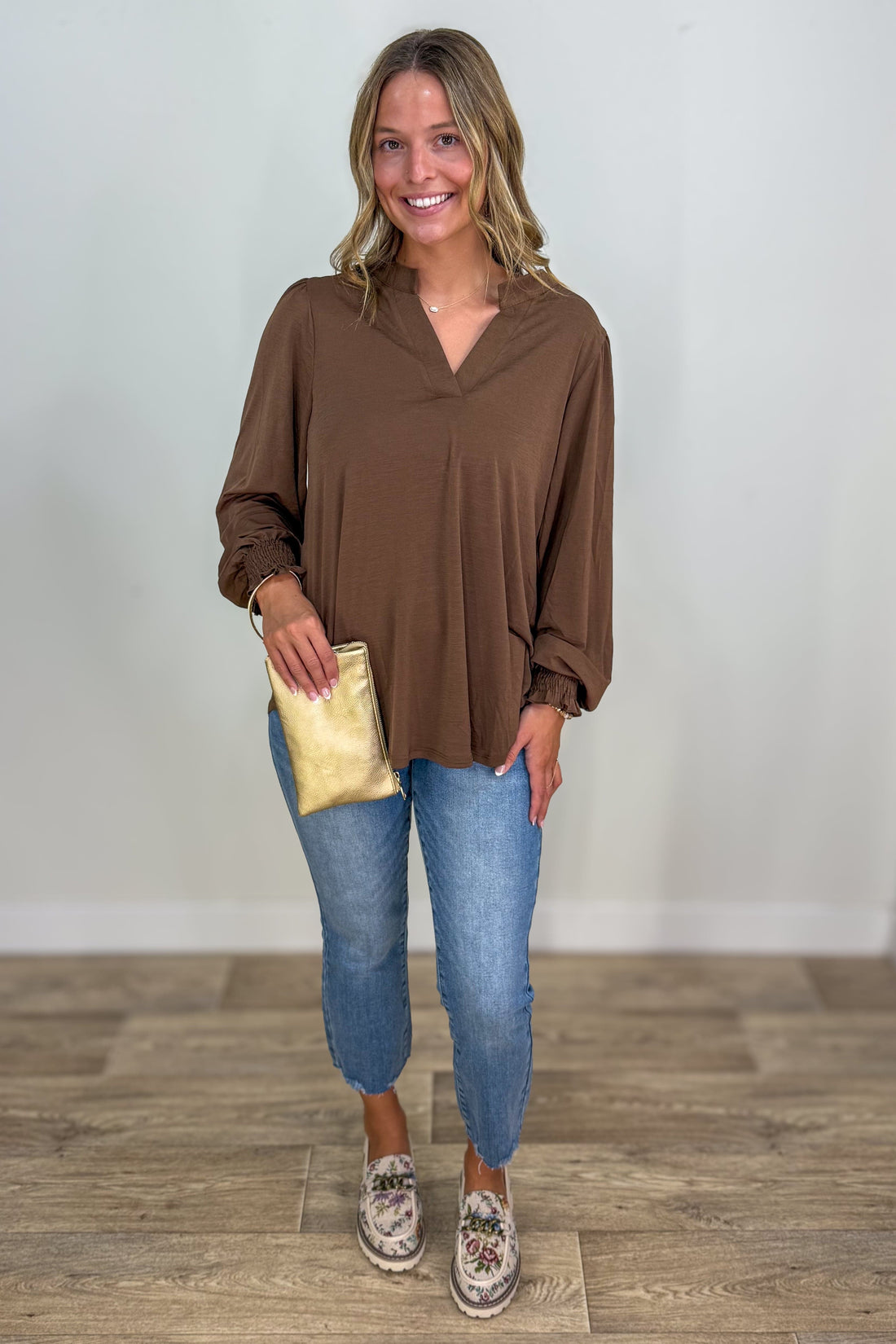 Mocha Solid Smocked Sleeve Lizzy Blouse
