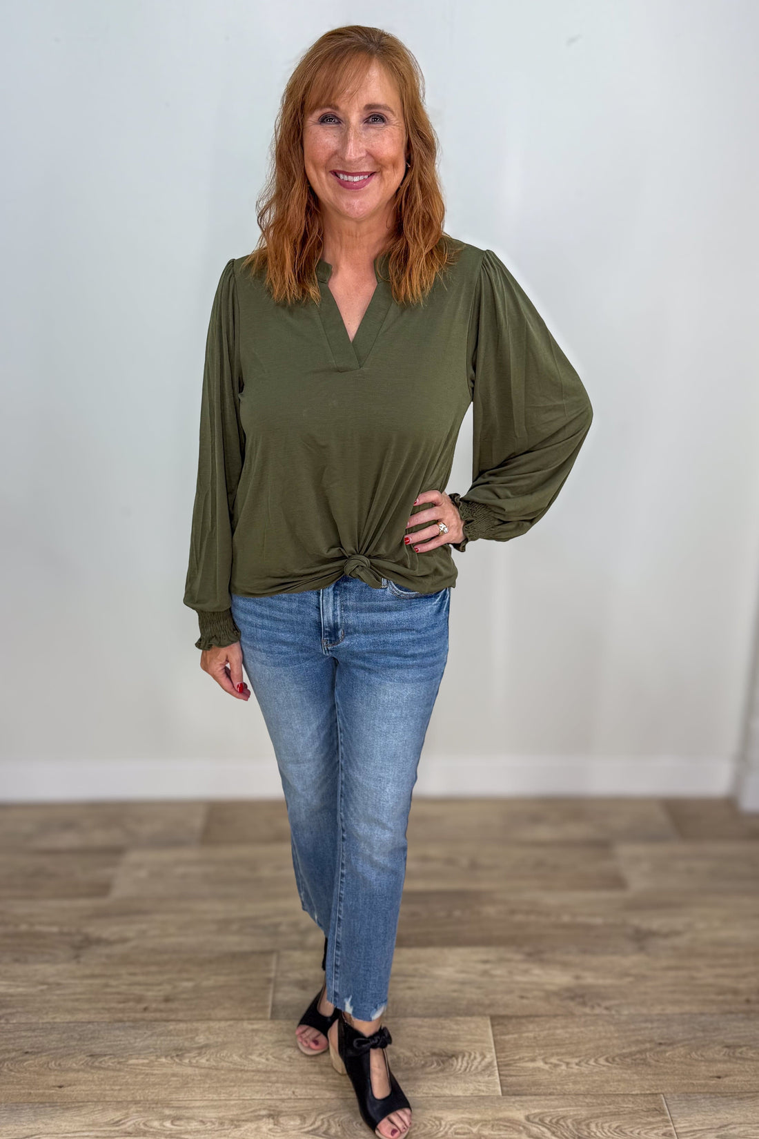 Olive Solid Smocked Sleeve Lizzy Blouse