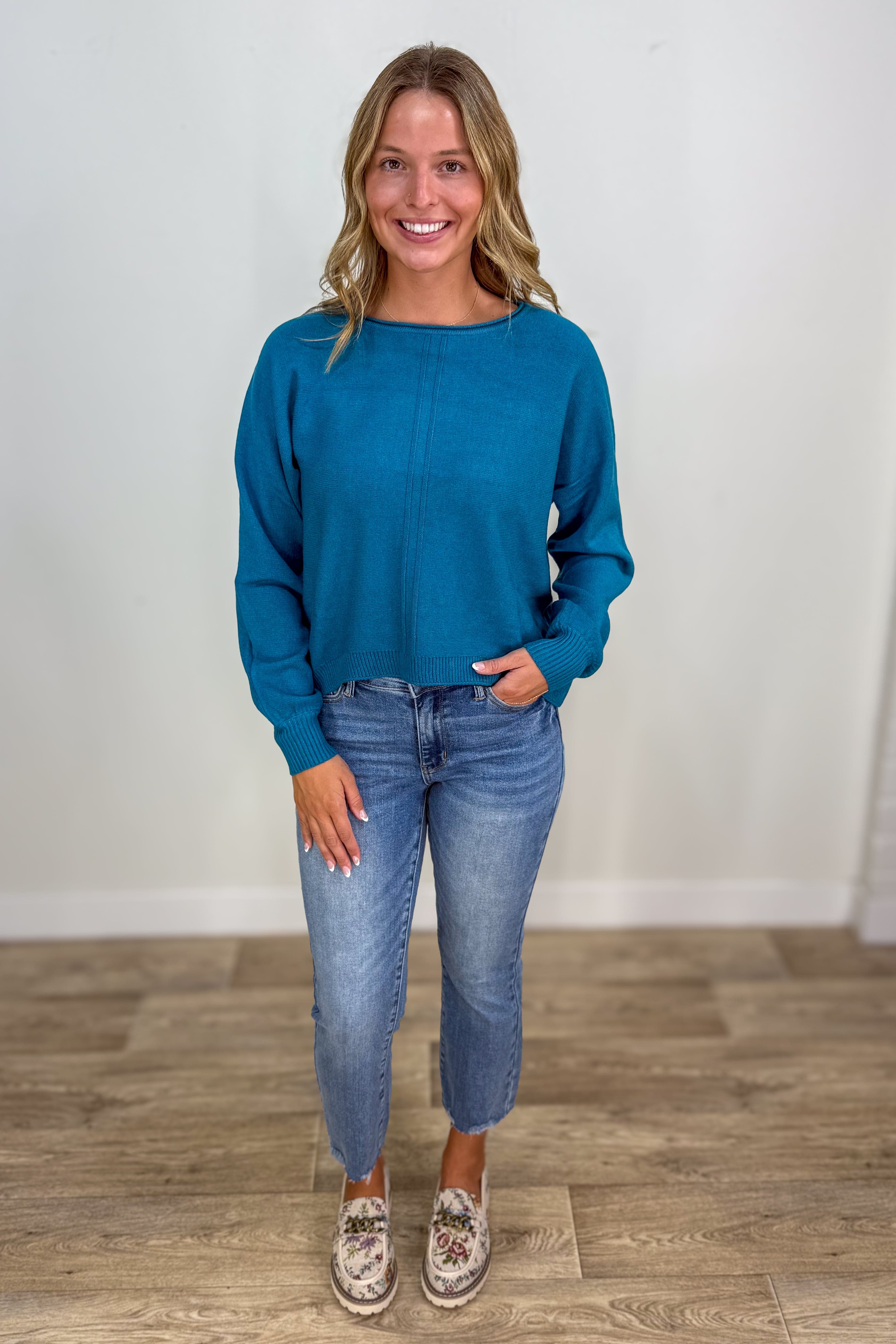 Heathered Ocean Teal Front Seam Round Neck Sweater