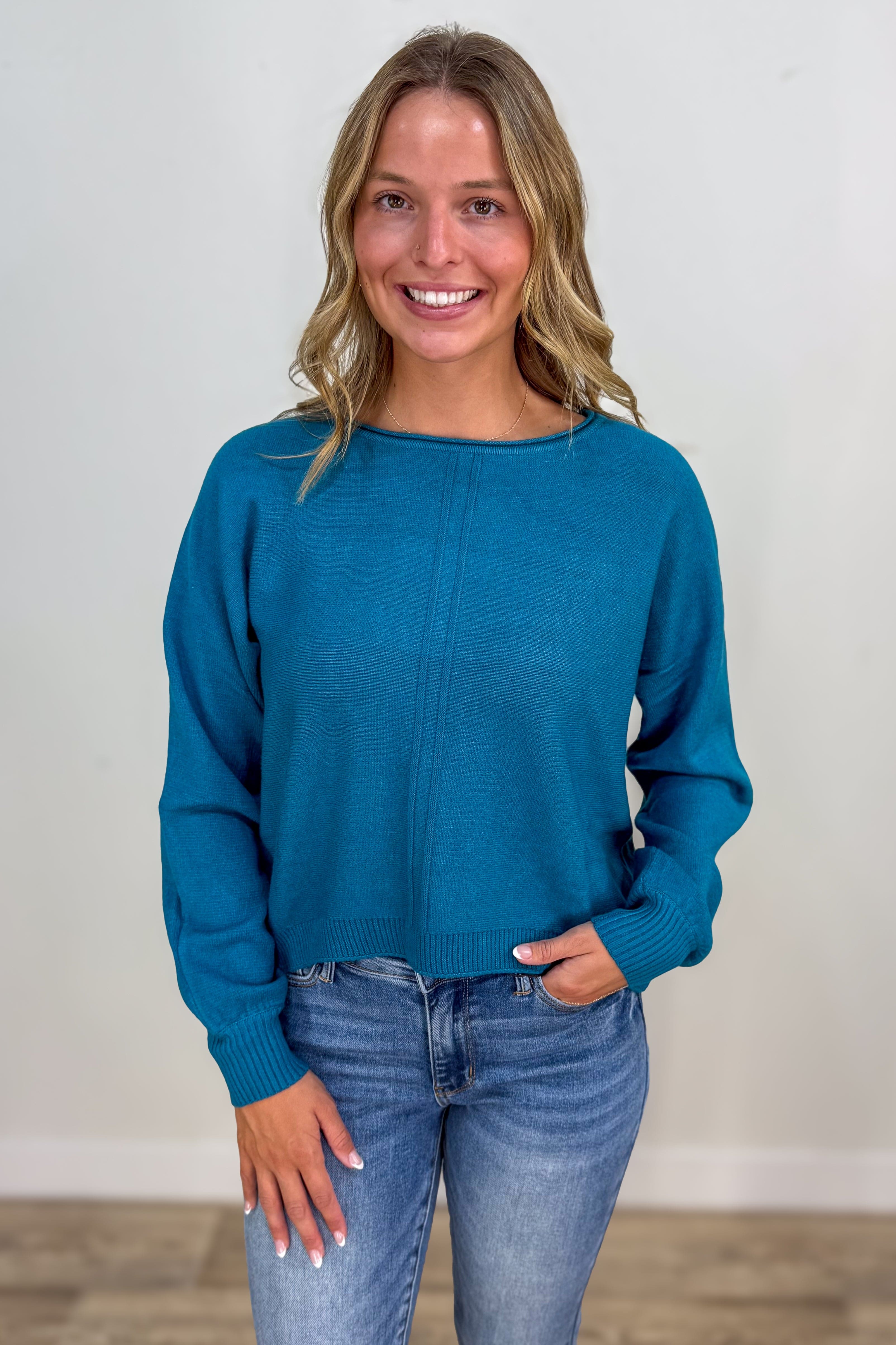 Heathered Ocean Teal Front Seam Round Neck Sweater