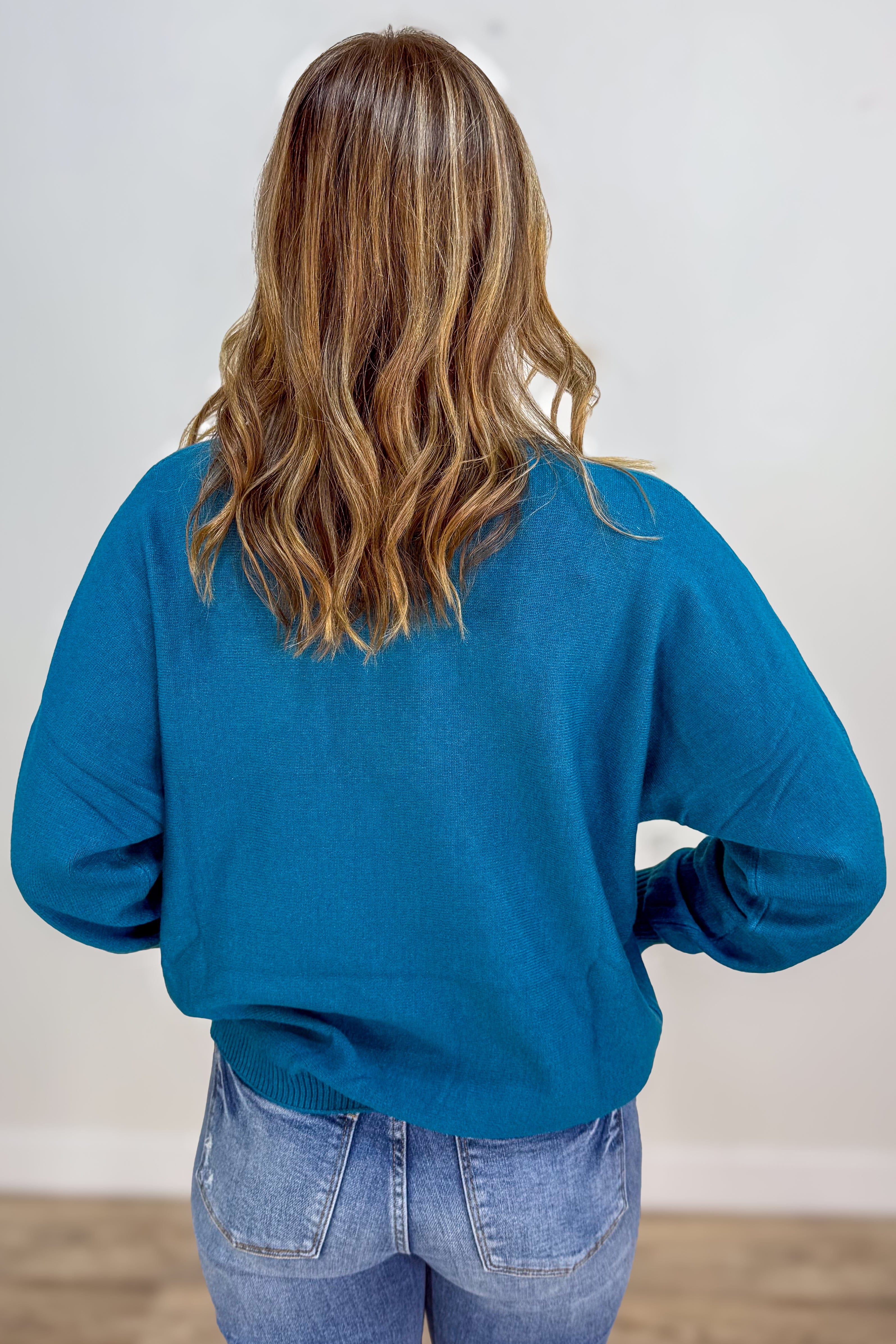Heathered Ocean Teal Front Seam Round Neck Sweater