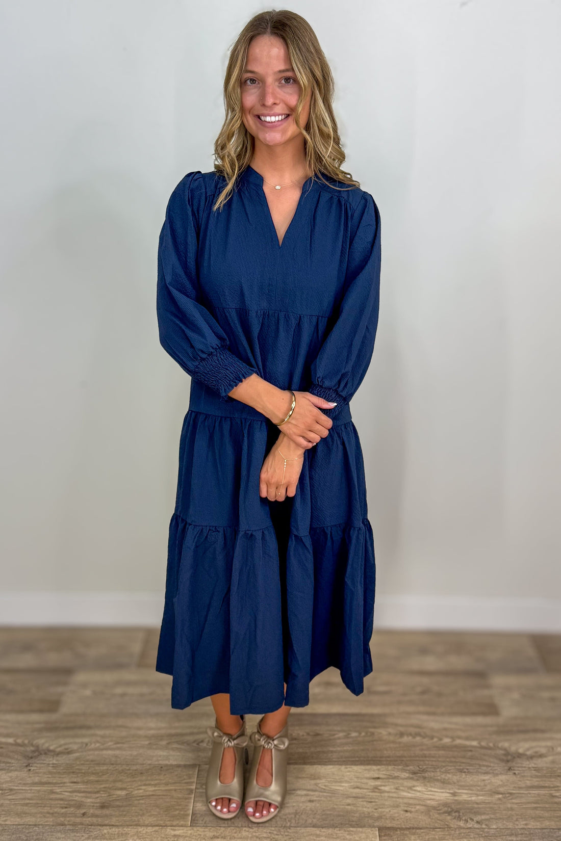 Navy Textured Split Neck Tiered Midi Dress