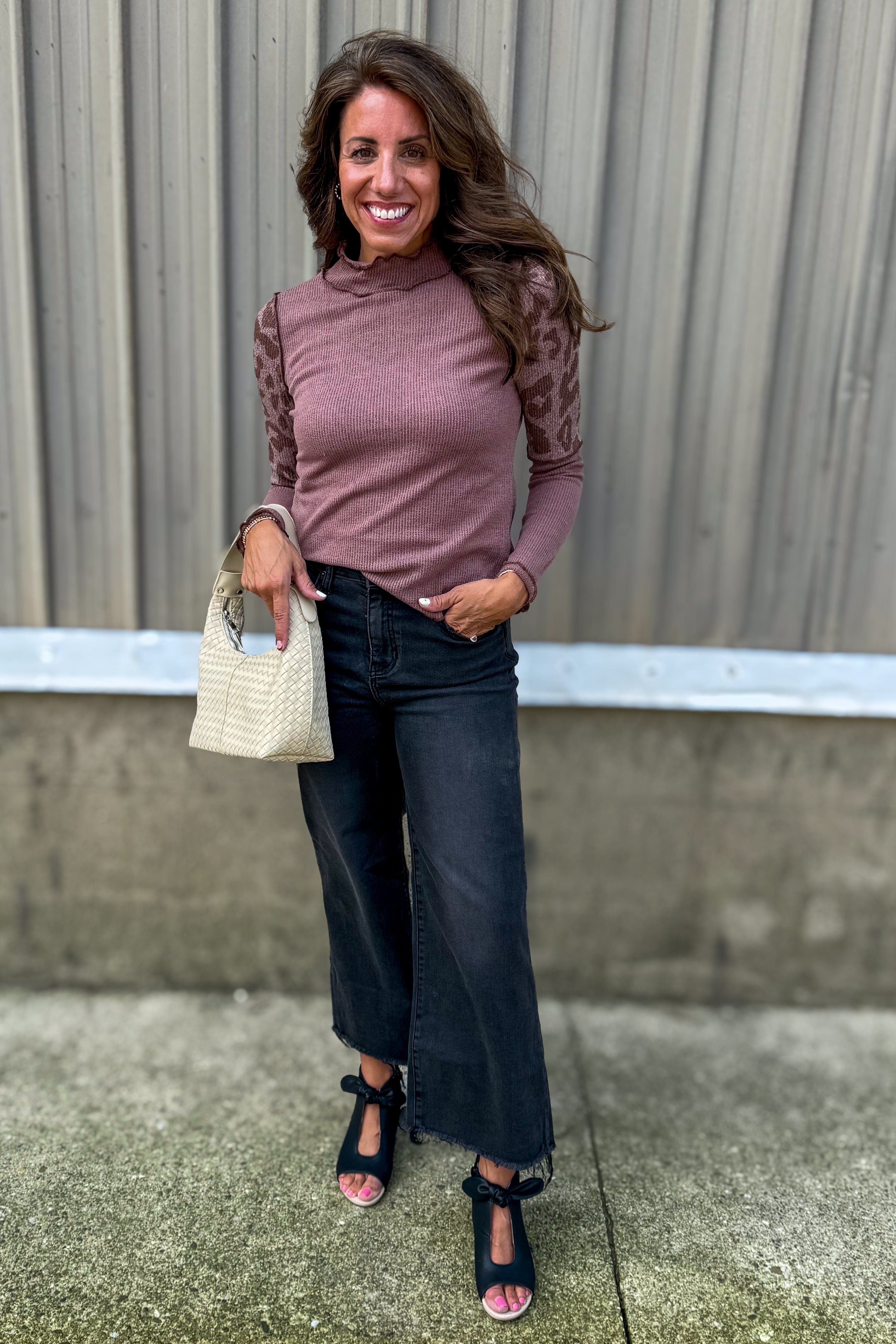 Mauve Mock Neck Animal Print Sleeve Sweater