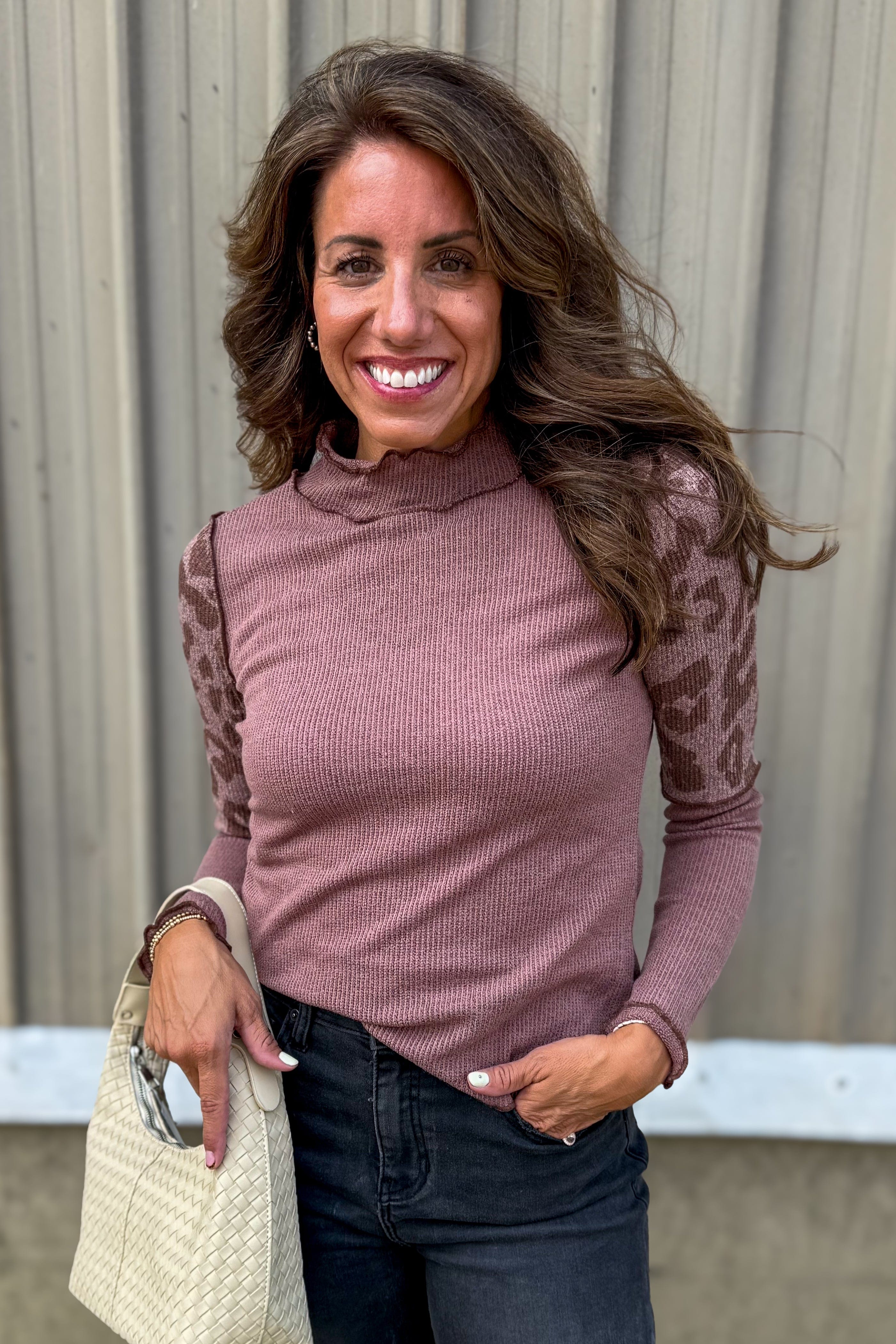 Mauve Mock Neck Animal Print Sleeve Sweater