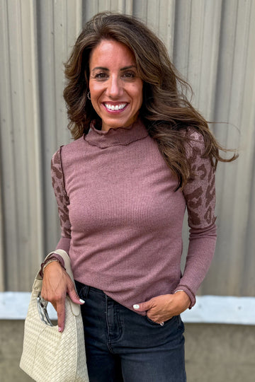 Mauve Mock Neck Animal Print Sleeve Sweater
