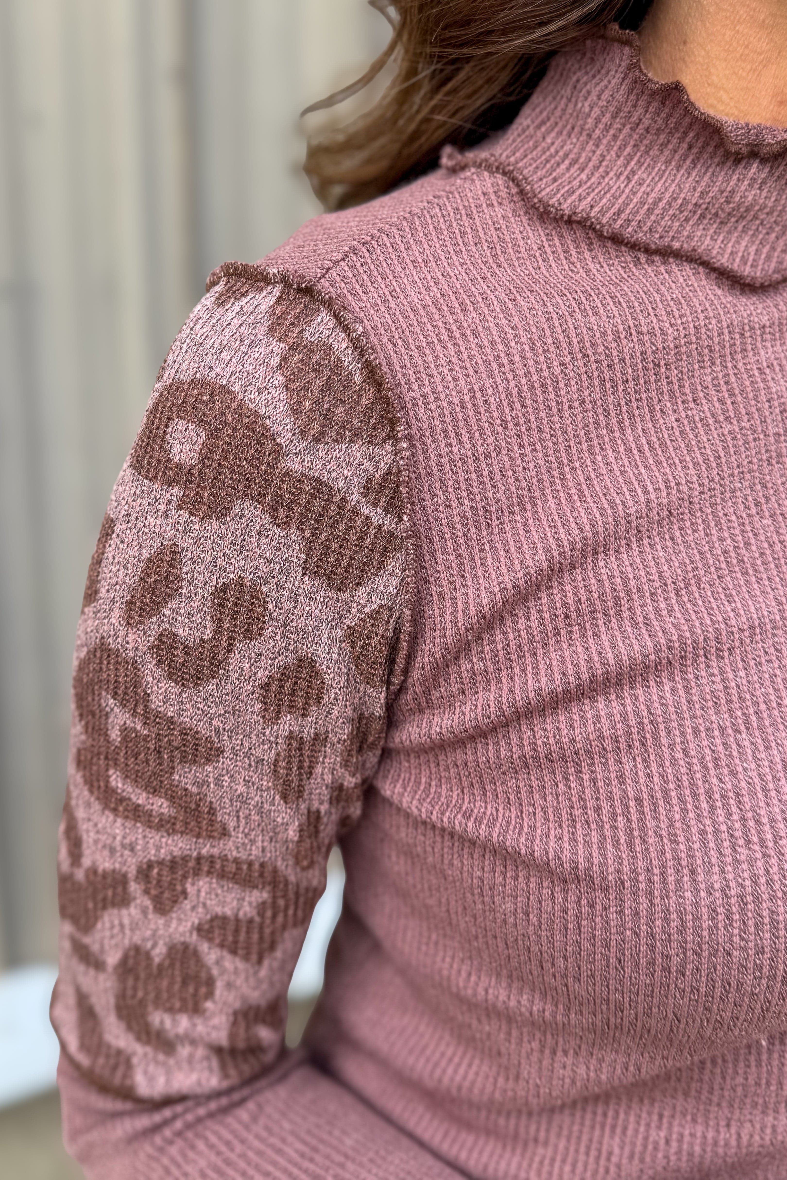 Mauve Mock Neck Animal Print Sleeve Sweater