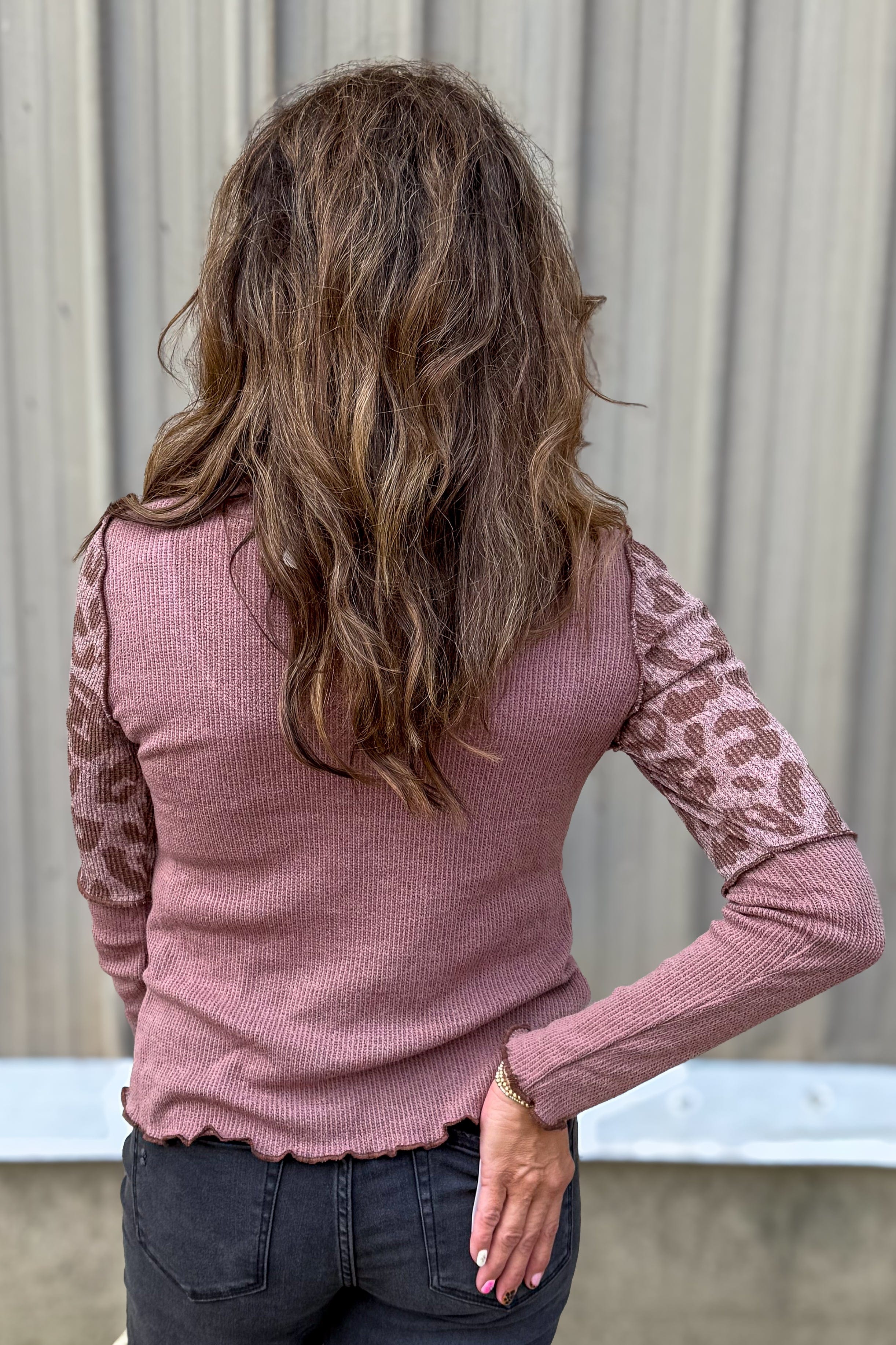 Mauve Mock Neck Animal Print Sleeve Sweater