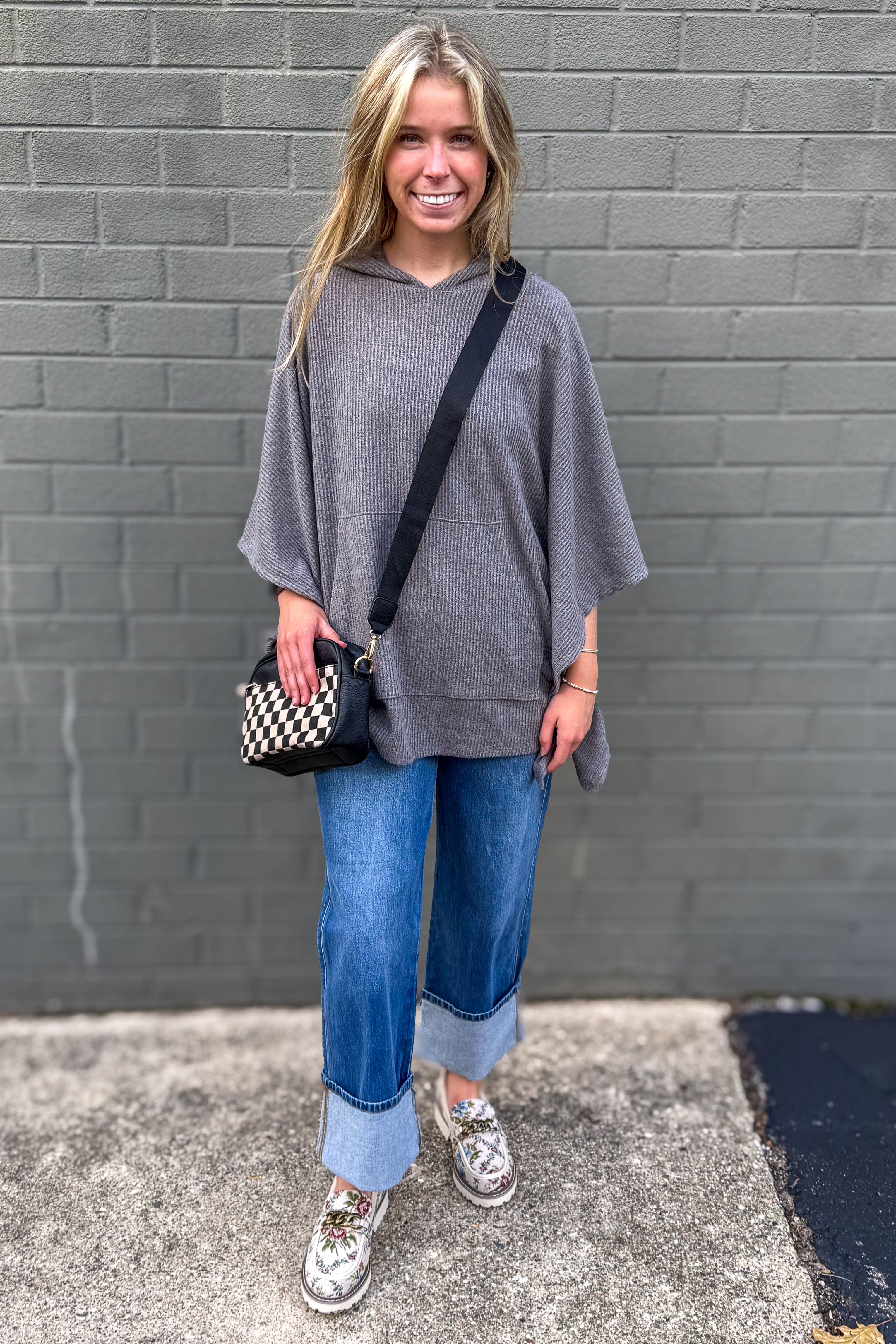 Charcoal Horizon Ribbed Hooded Poncho