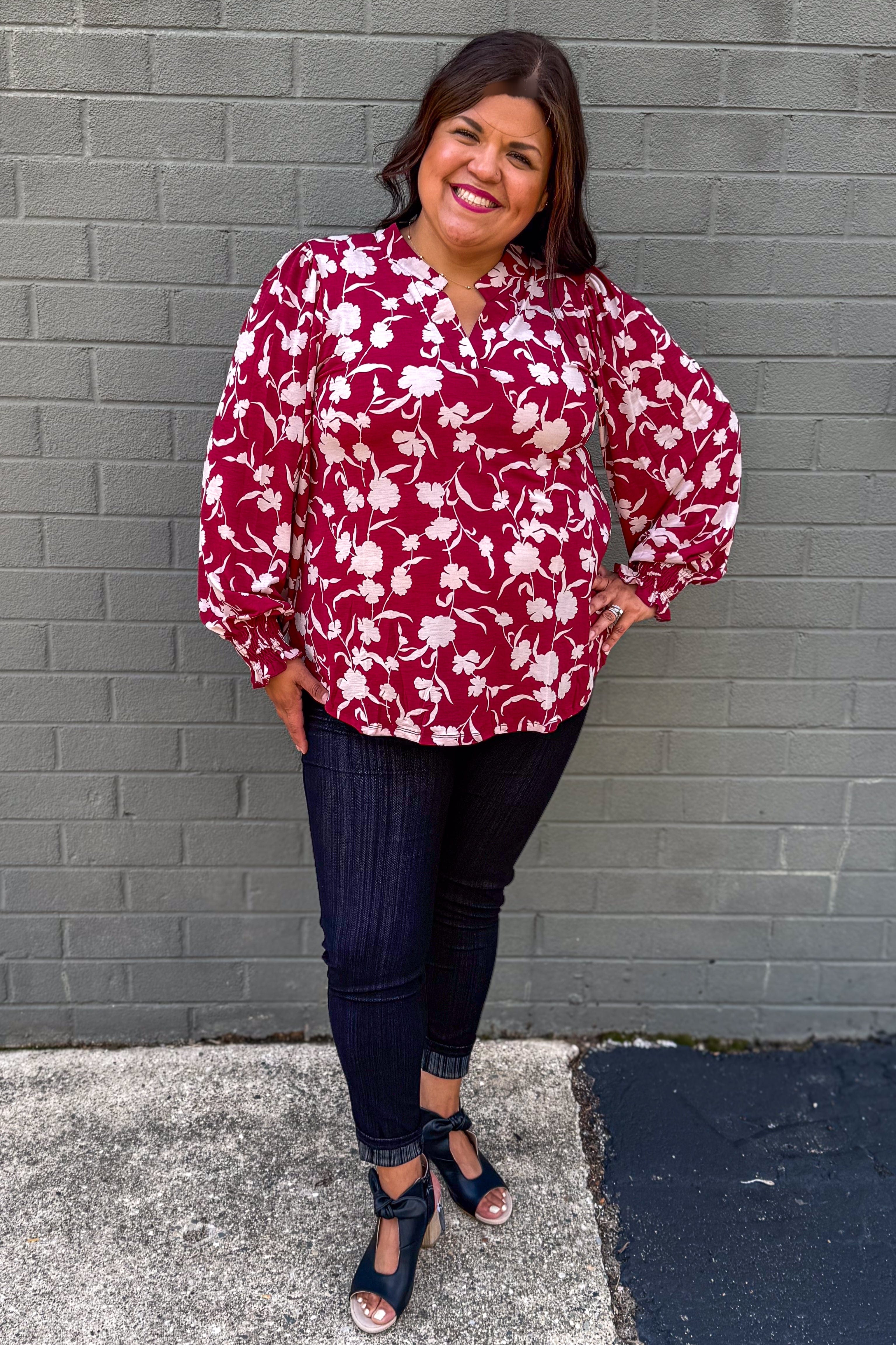 Wine Floral Smocked Sleeve Lizzy Blouse