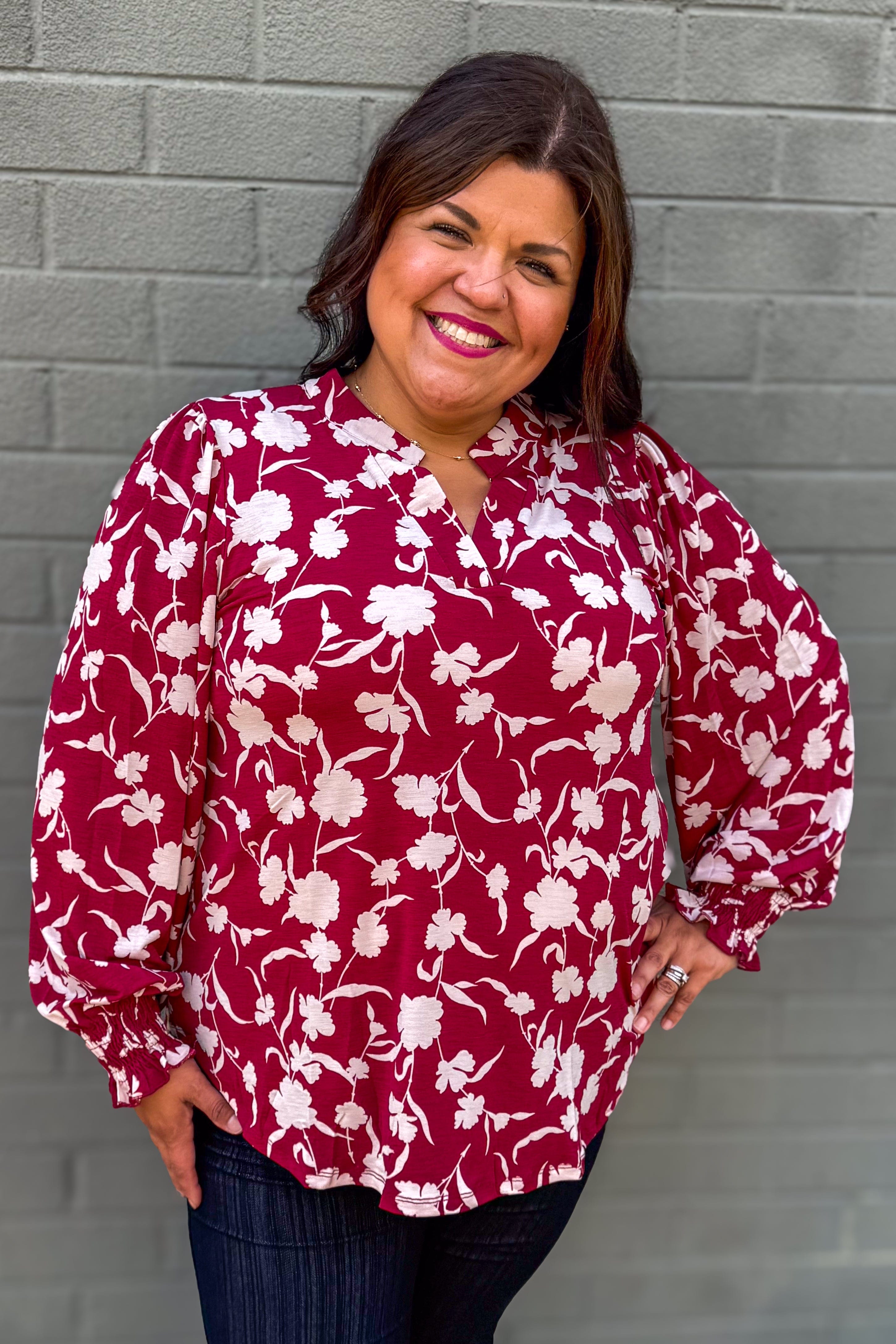 Wine Floral Smocked Sleeve Lizzy Blouse