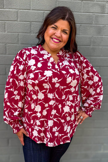 Wine Floral Smocked Sleeve Lizzy Blouse