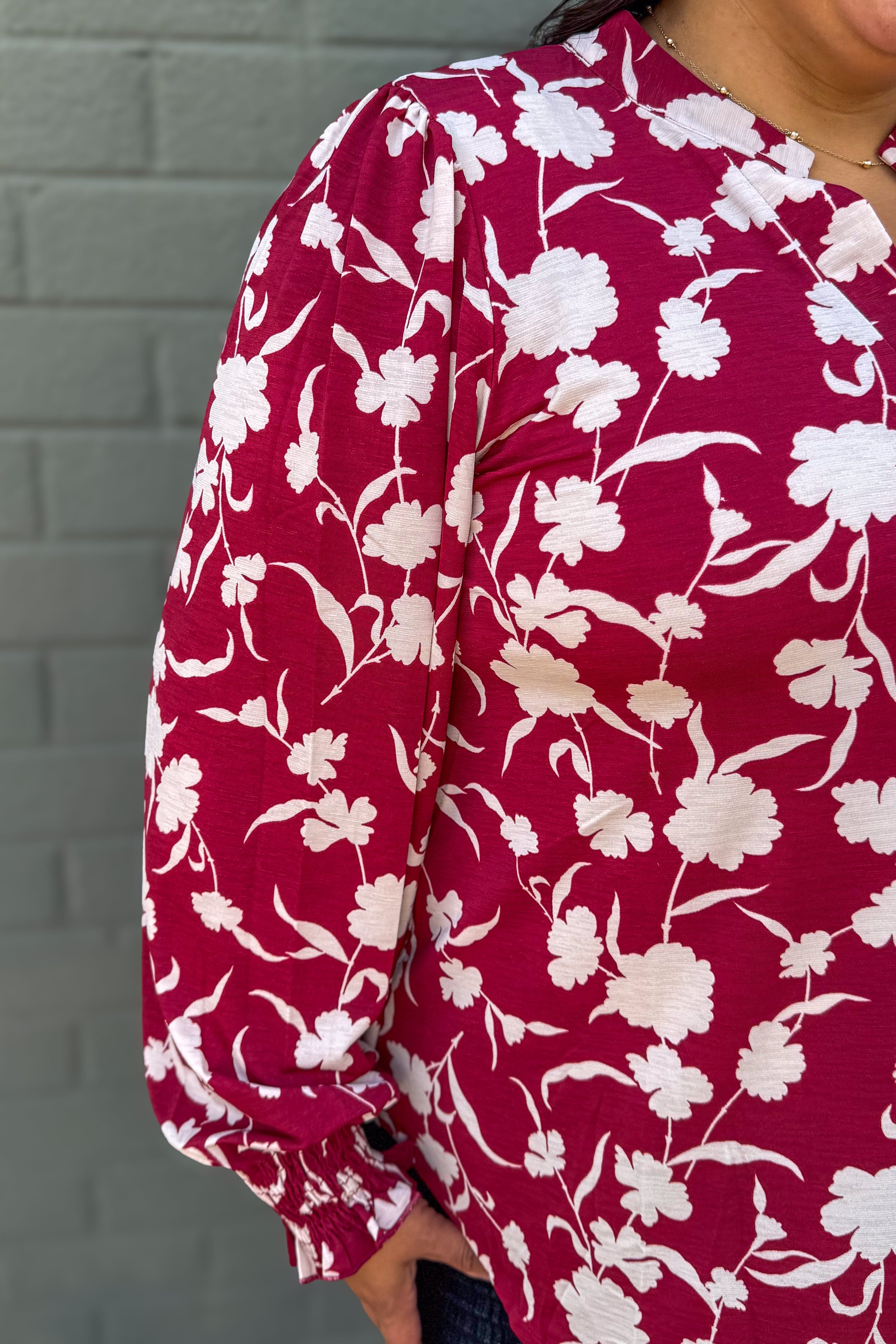 Wine Floral Smocked Sleeve Lizzy Blouse