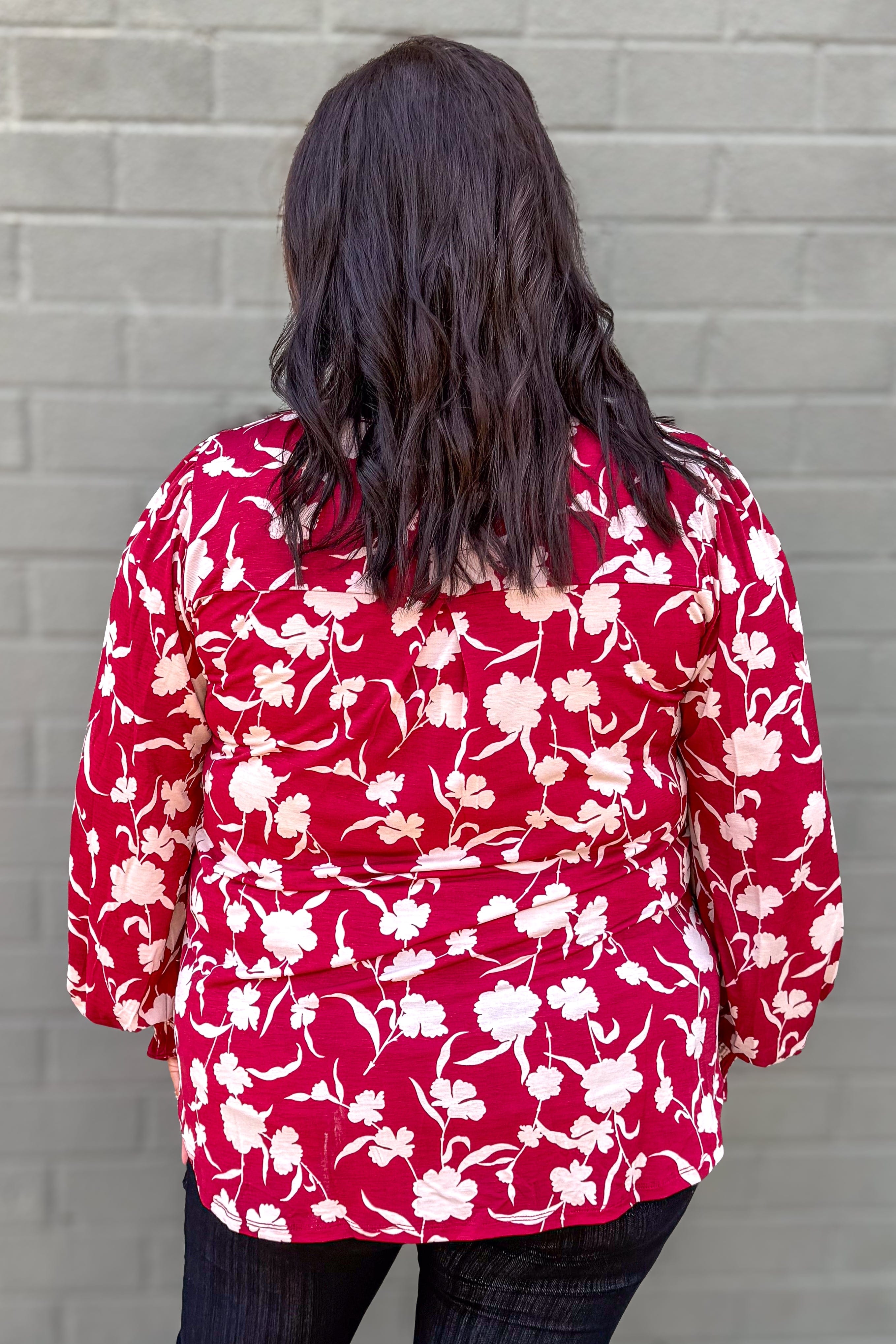 Wine Floral Smocked Sleeve Lizzy Blouse