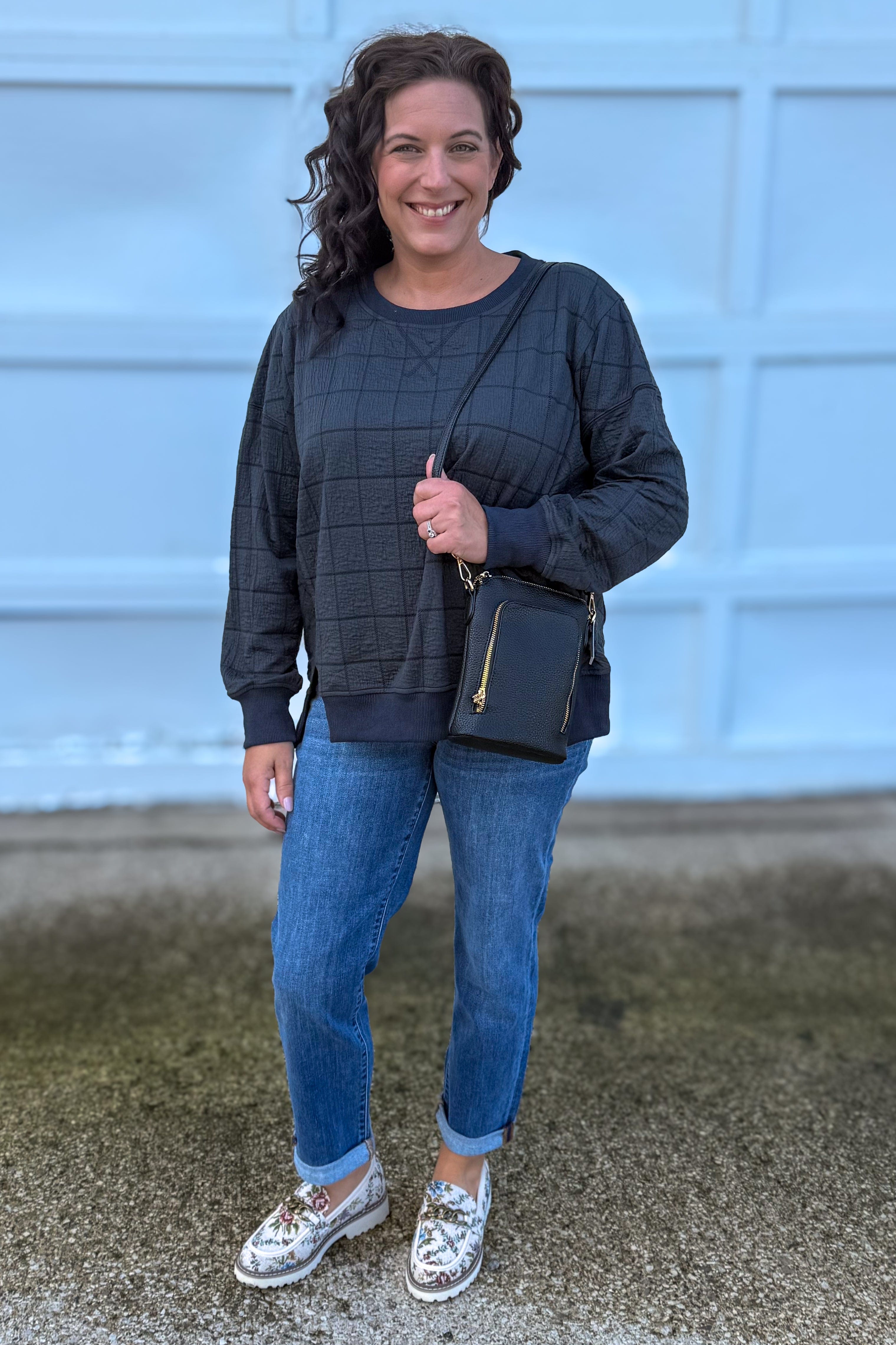 Slate Jacquard Check Motif Top