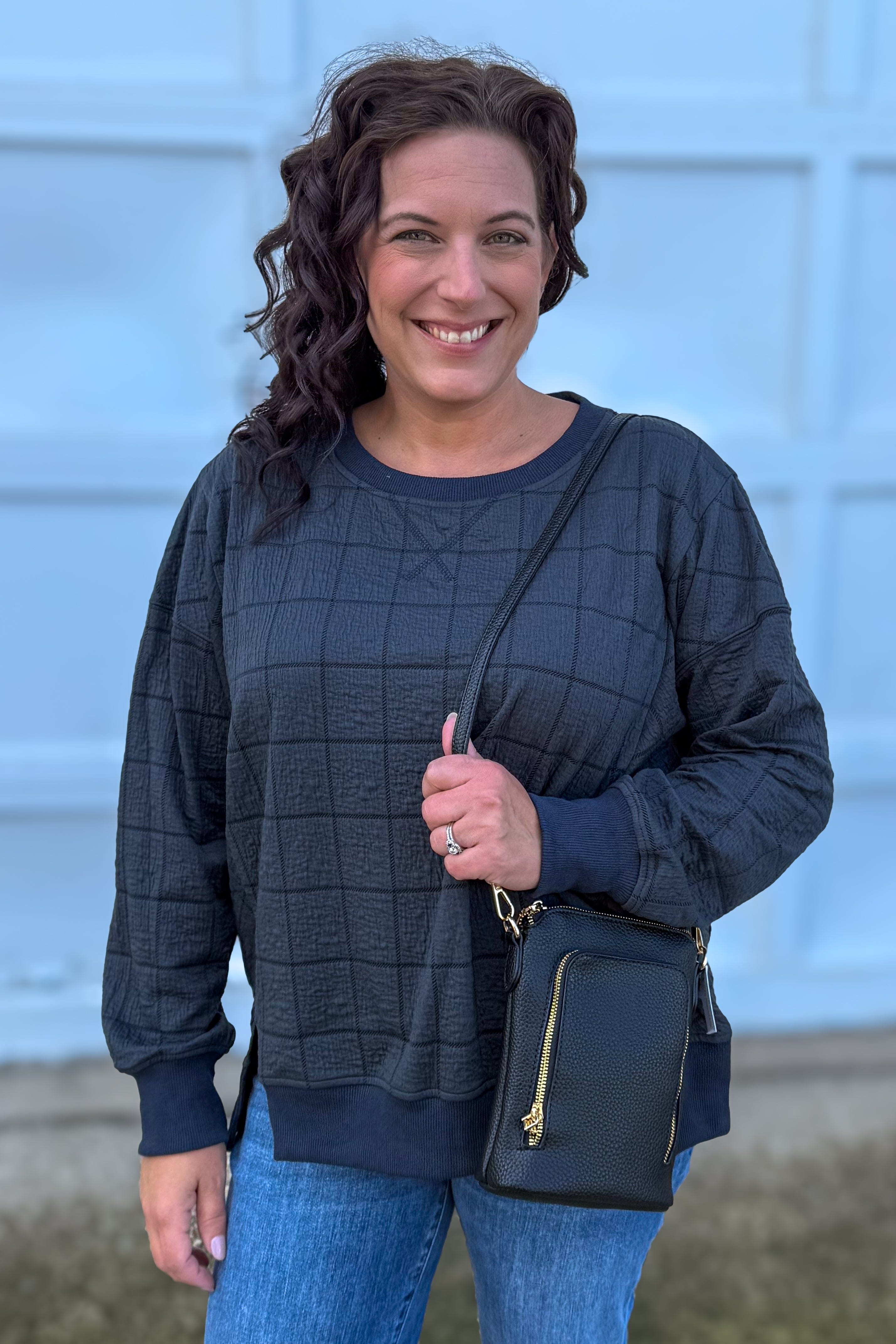 Slate Jacquard Check Motif Top