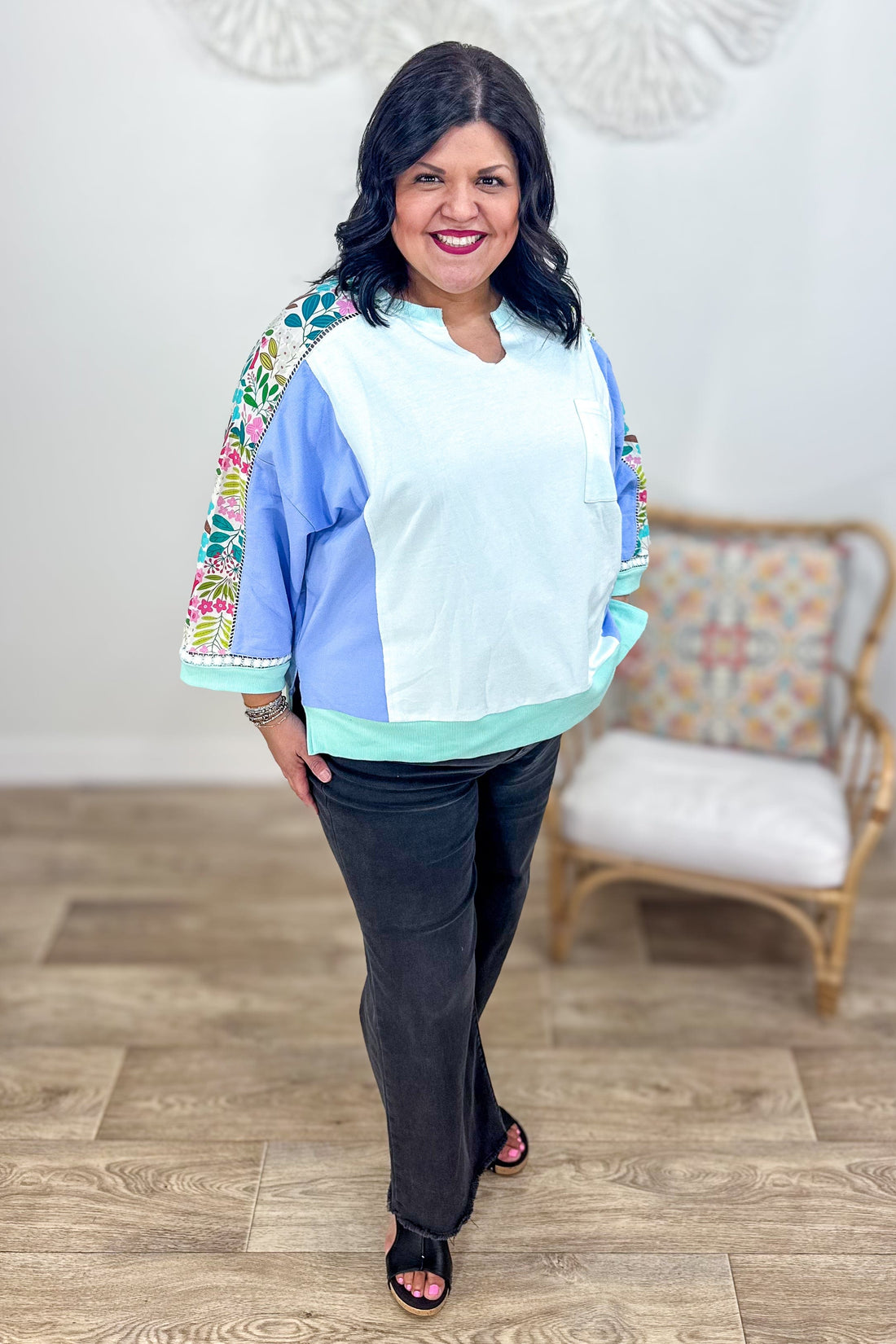 Mint Blue 3/4 Sleeve Color Block Top