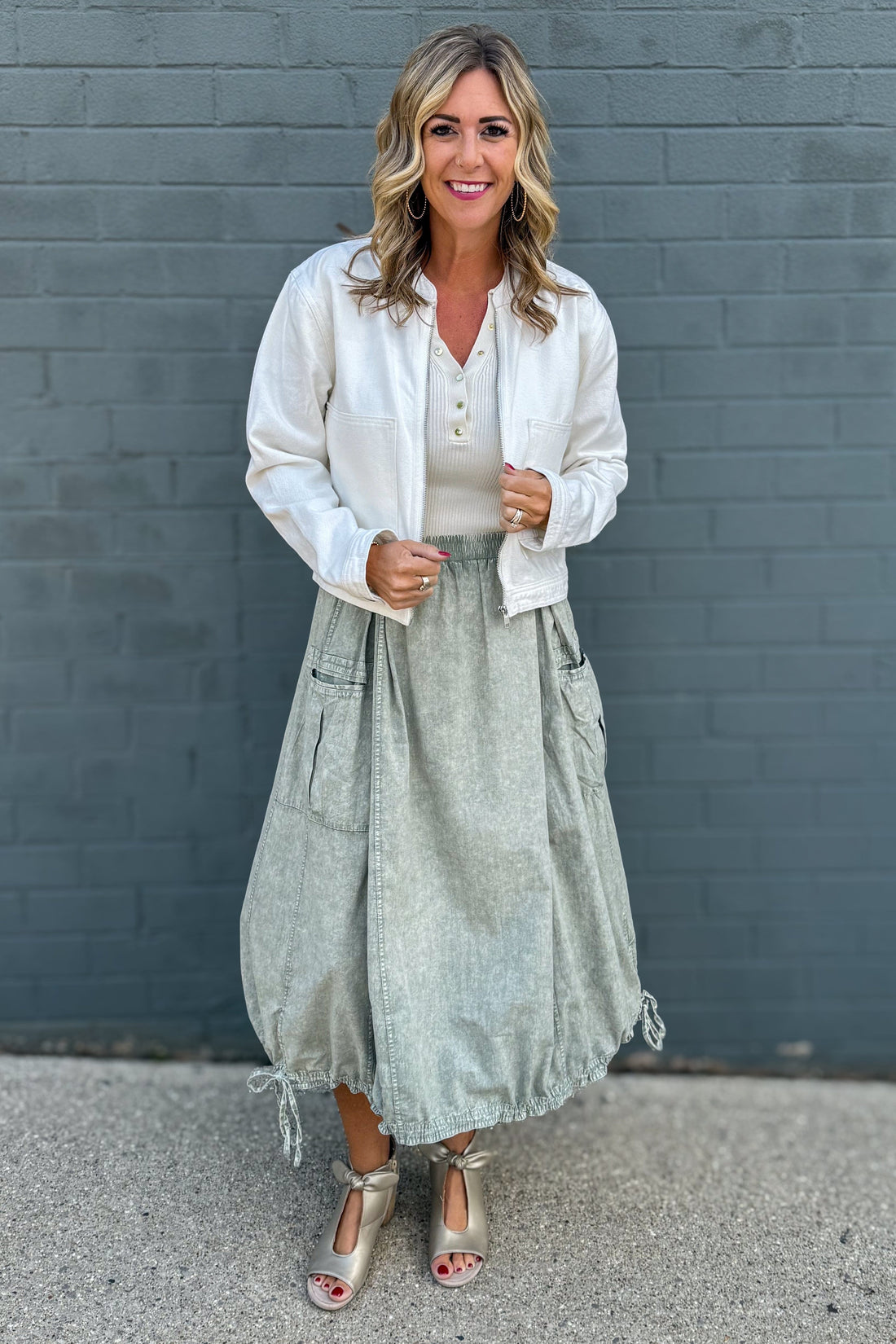 Faded Olive Mineral Washed Twill Cargo Skirt