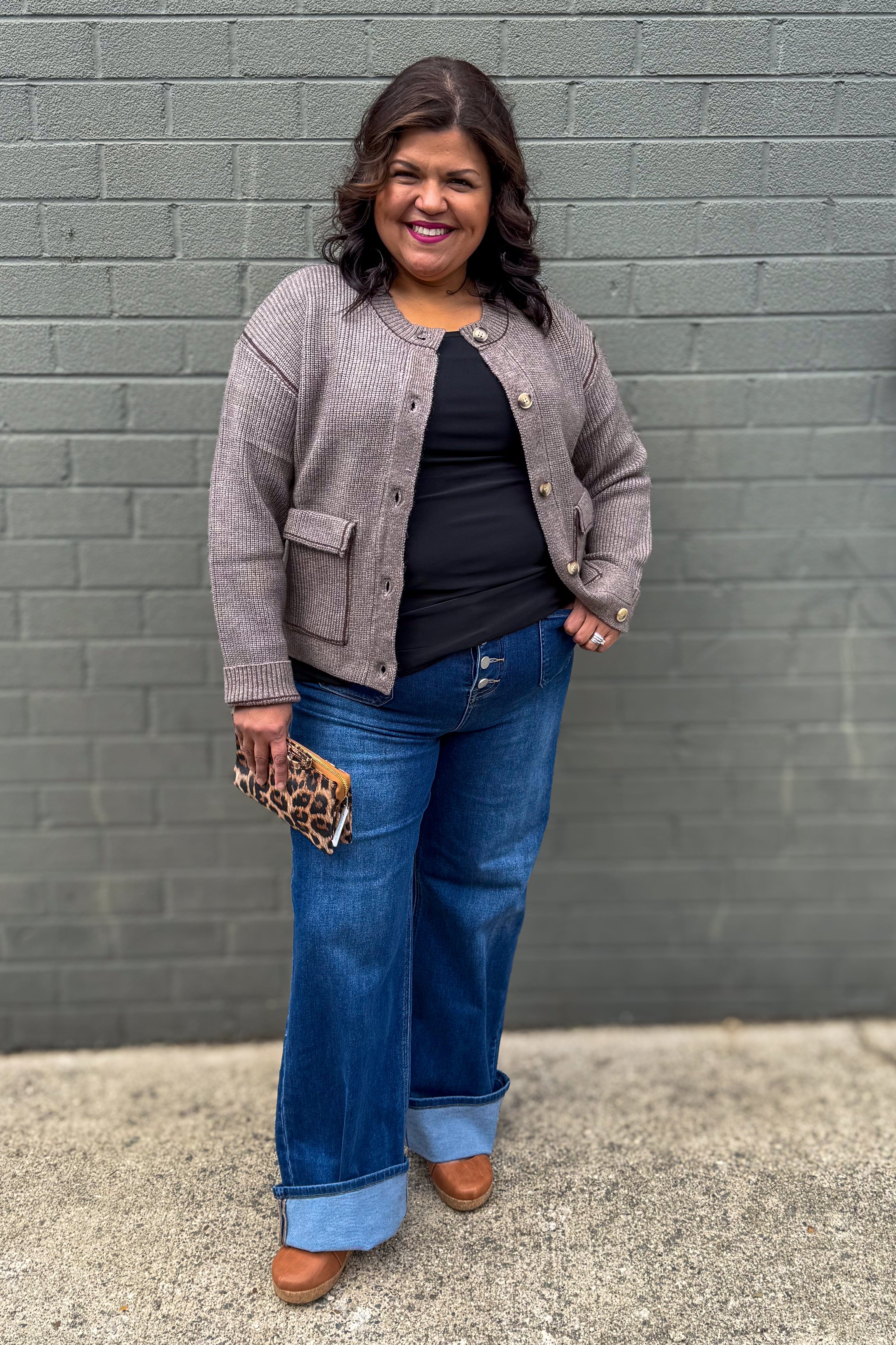 Brown Contrast Knit Cardigan