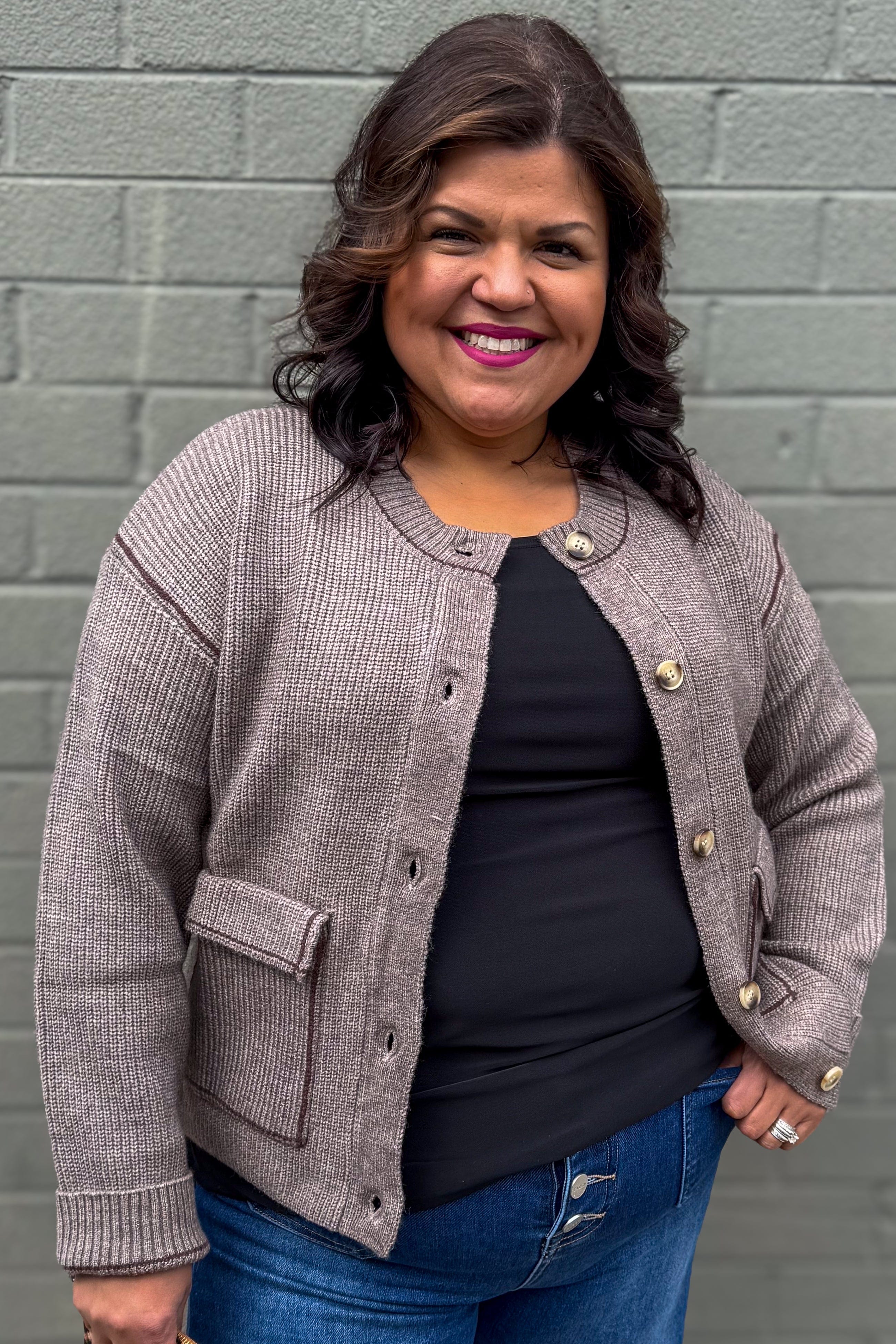 Brown Contrast Knit Cardigan