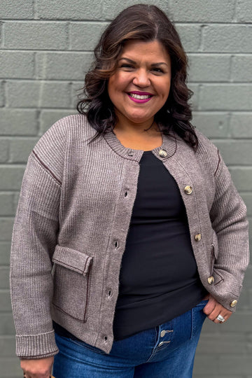 Brown Contrast Knit Cardigan