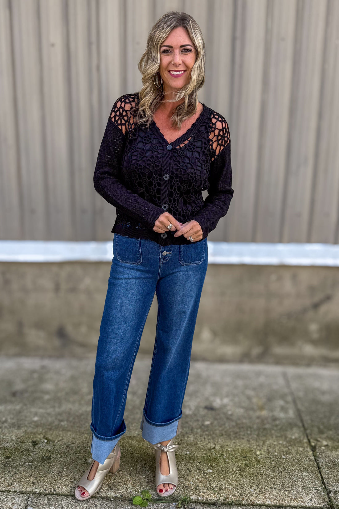 Black Floral Open Crochet Cardigan